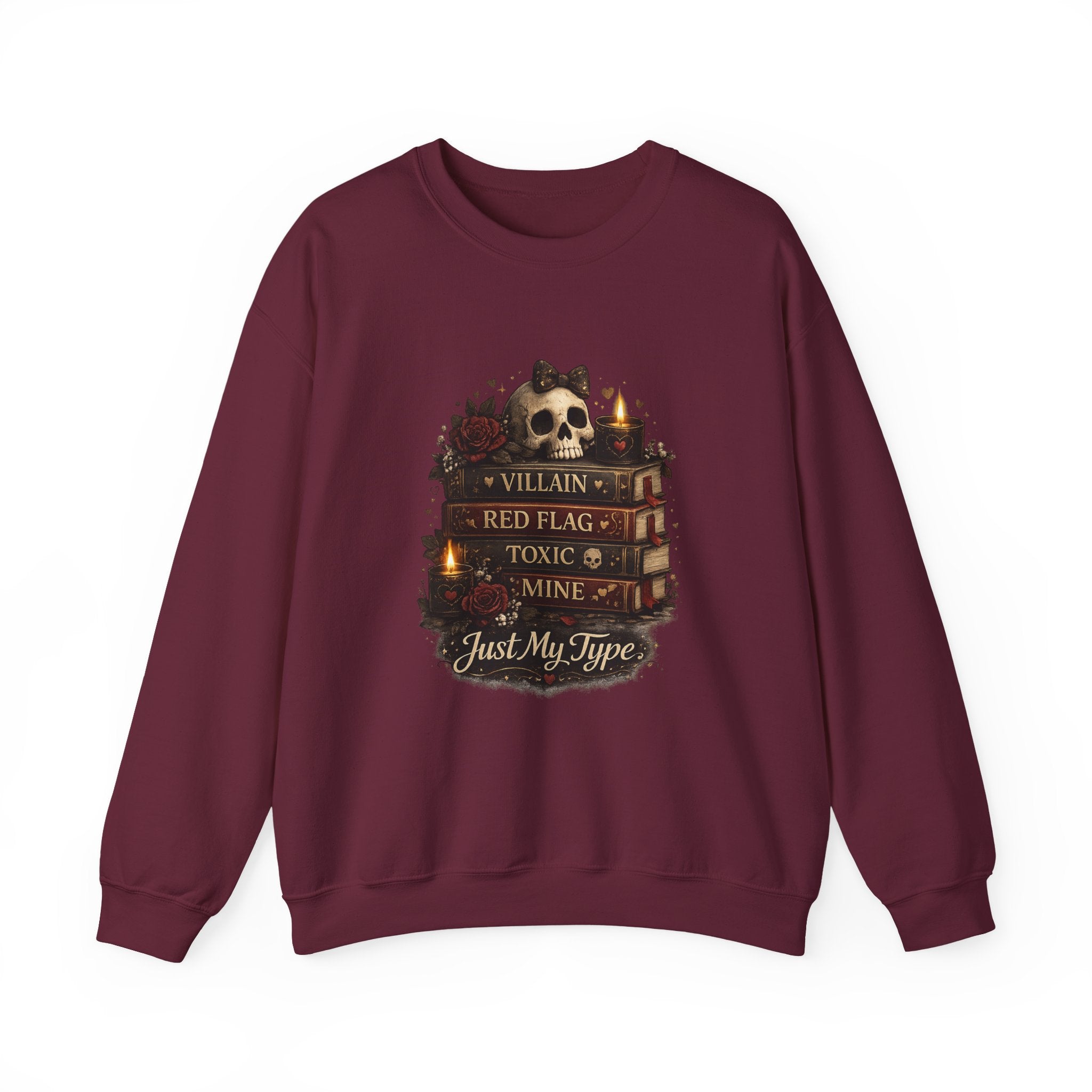 Crewneck Sweatshirt - "Just My Type" Stacked Books & Skull Gothic Design