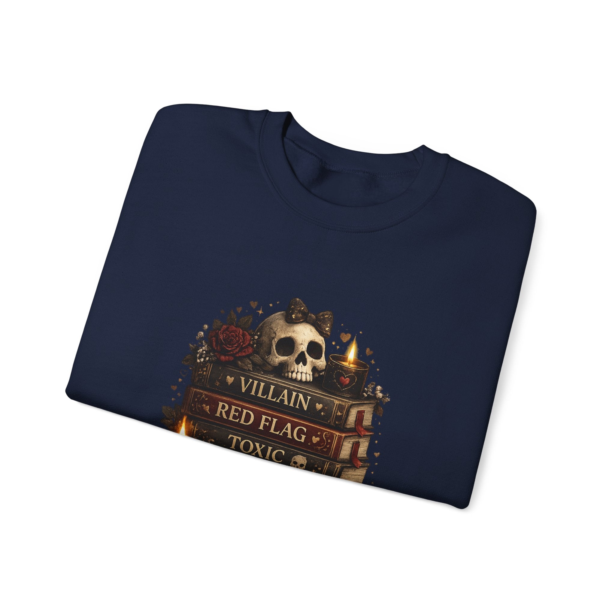 Crewneck Sweatshirt - "Just My Type" Stacked Books & Skull Gothic Design