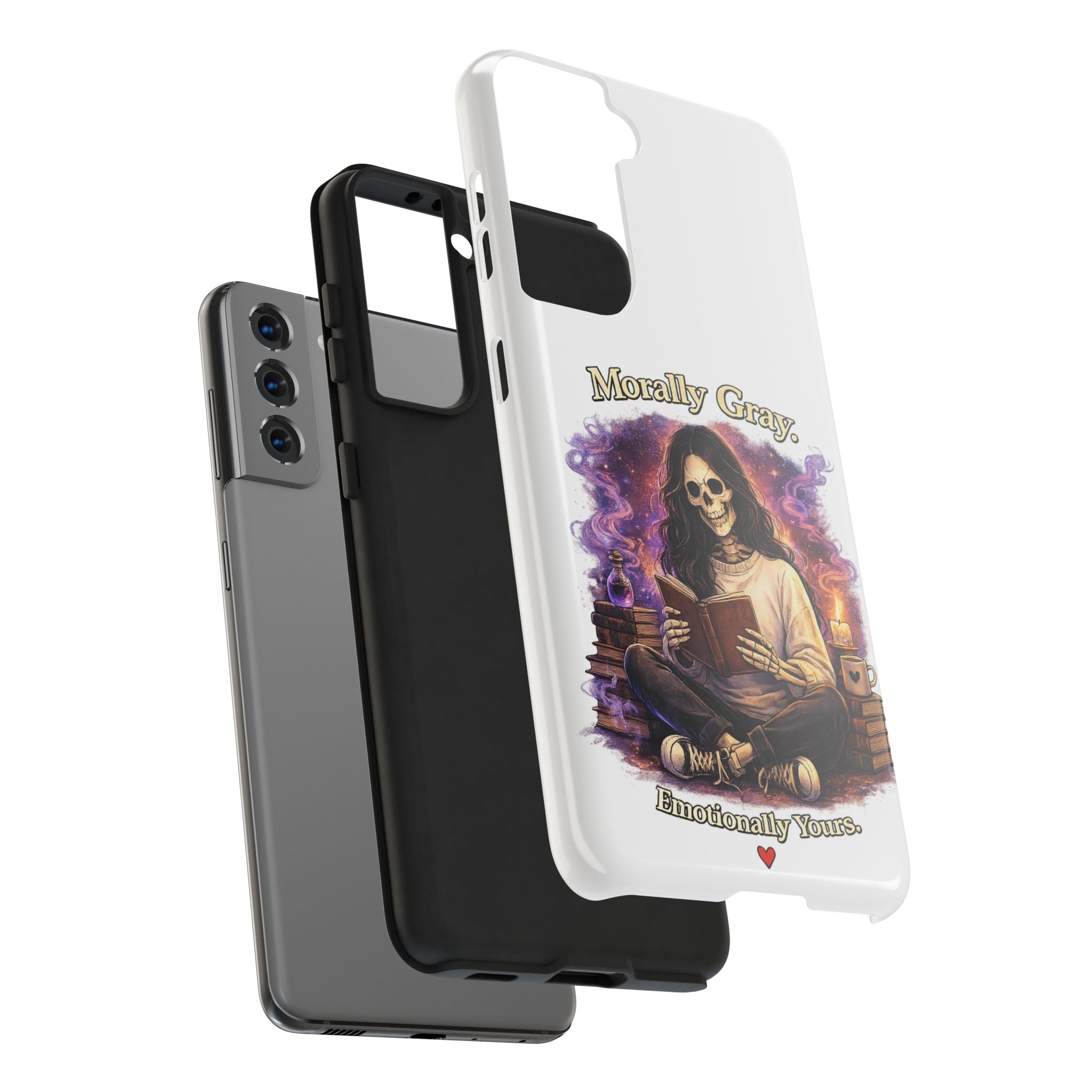 Morally Gray, Emotionally Yours Phone Case — Gothic Skeleton Booklover Protective Case