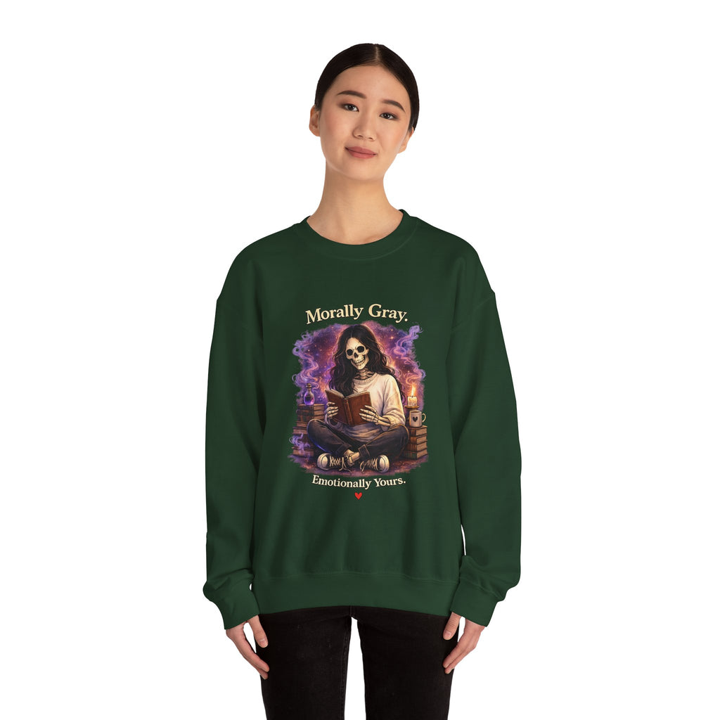 Skull Reader Sweatshirt — 'Morally Grey, Academically Blessed' Gothic Crewneck