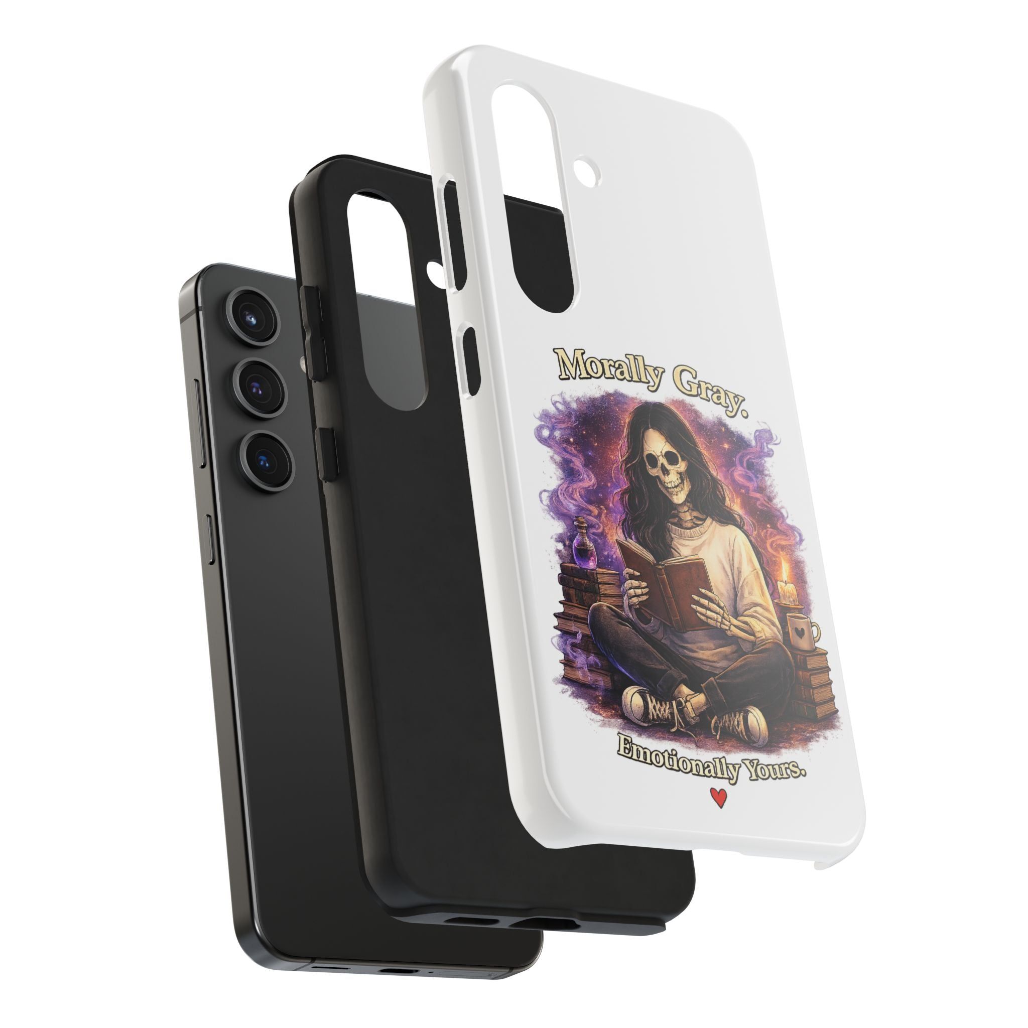 Morally Gray, Emotionally Yours Phone Case — Gothic Skeleton Booklover Protective Case