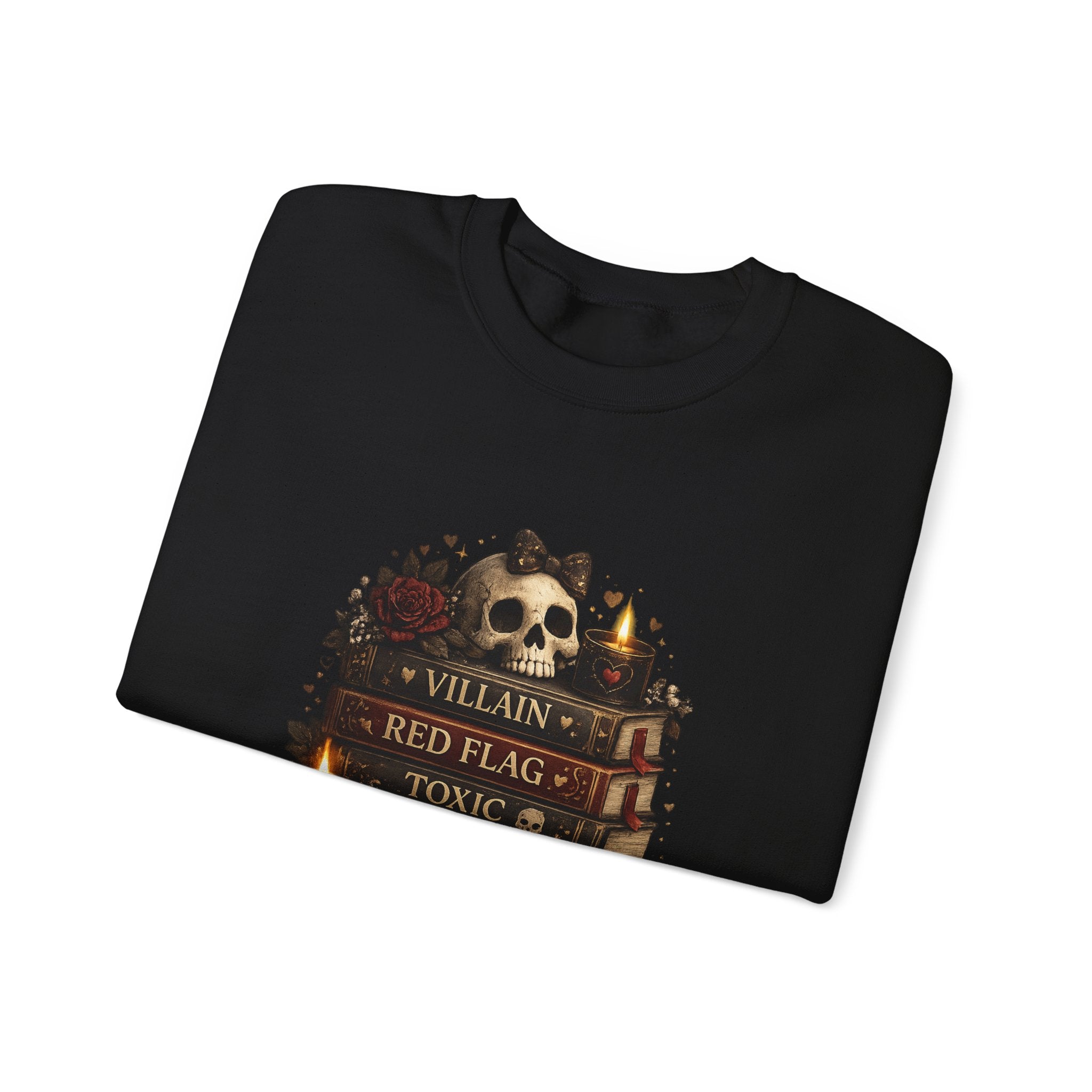 Crewneck Sweatshirt - "Just My Type" Stacked Books & Skull Gothic Design