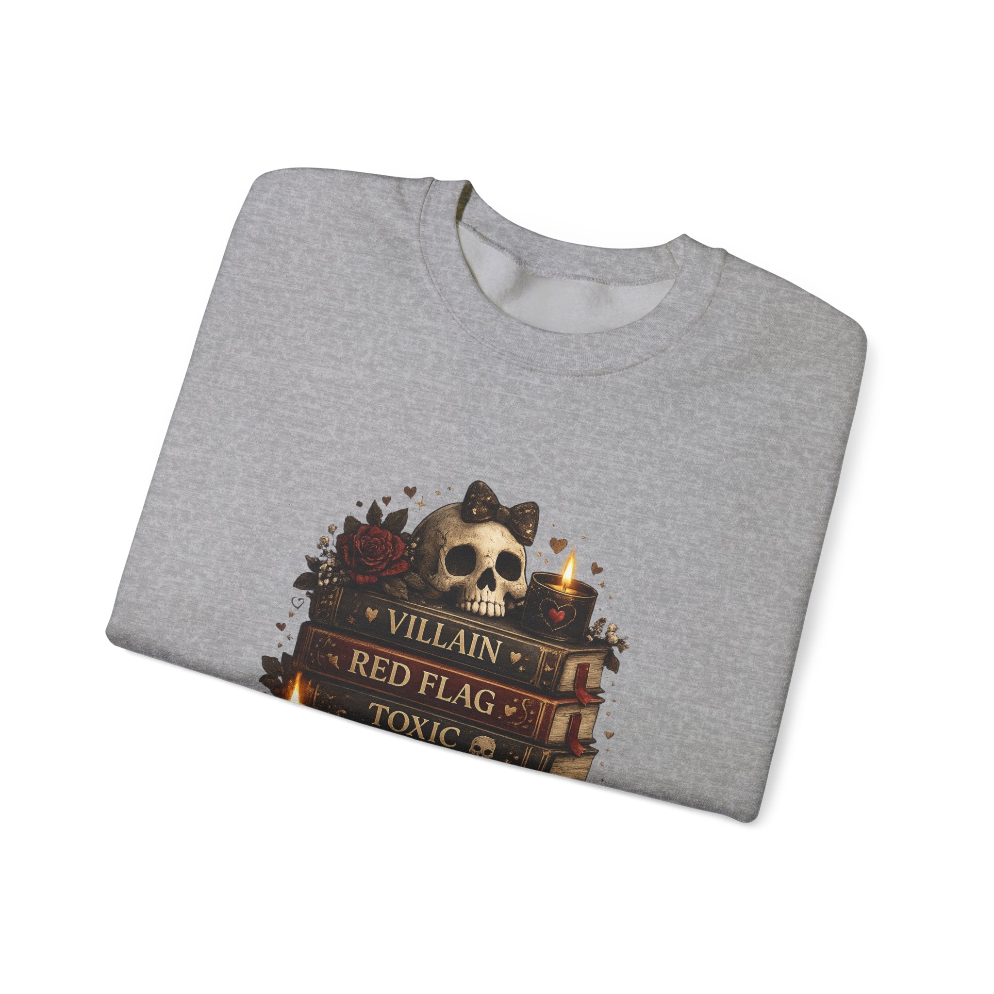 Crewneck Sweatshirt - "Just My Type" Stacked Books & Skull Gothic Design