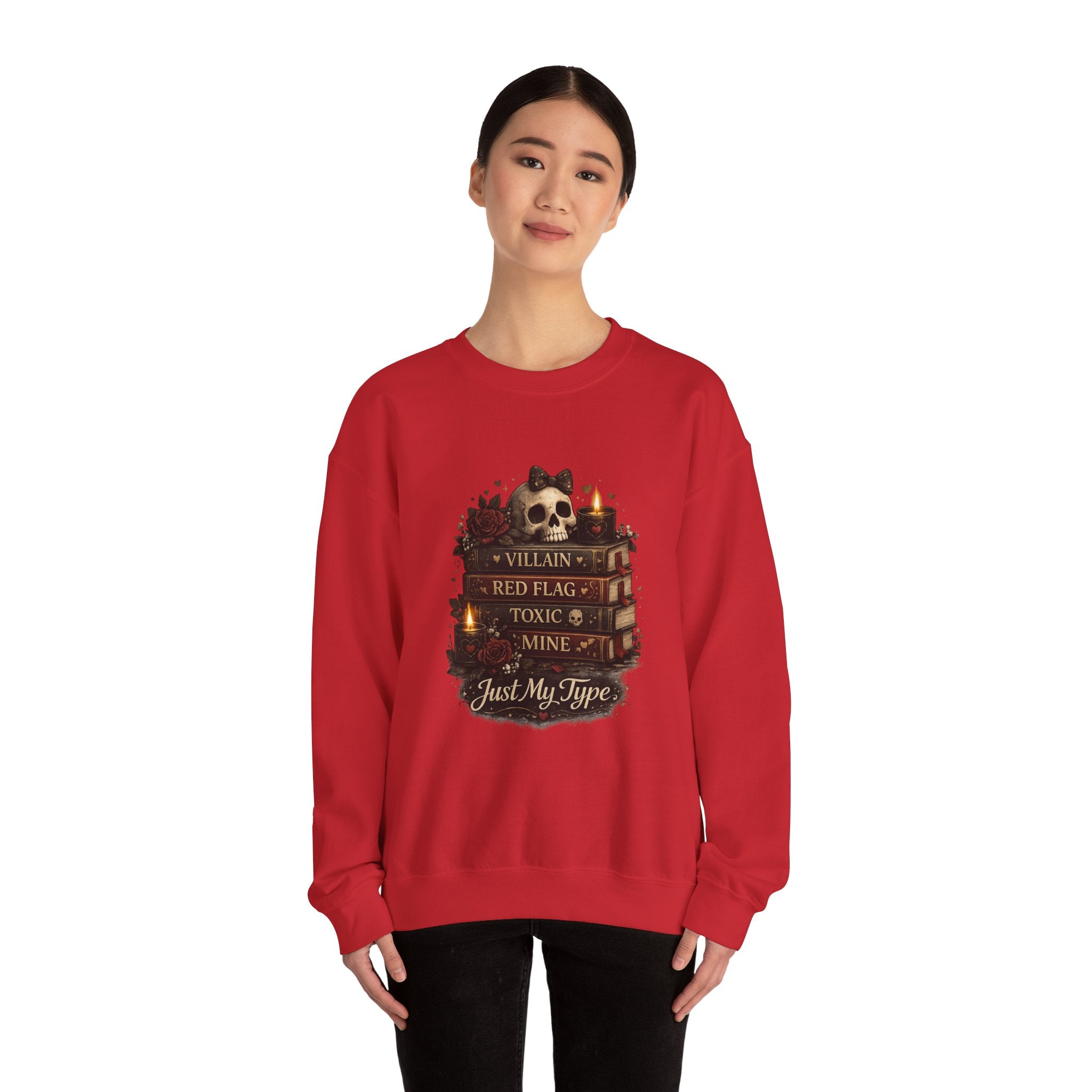 Crewneck Sweatshirt - "Just My Type" Stacked Books & Skull Gothic Design