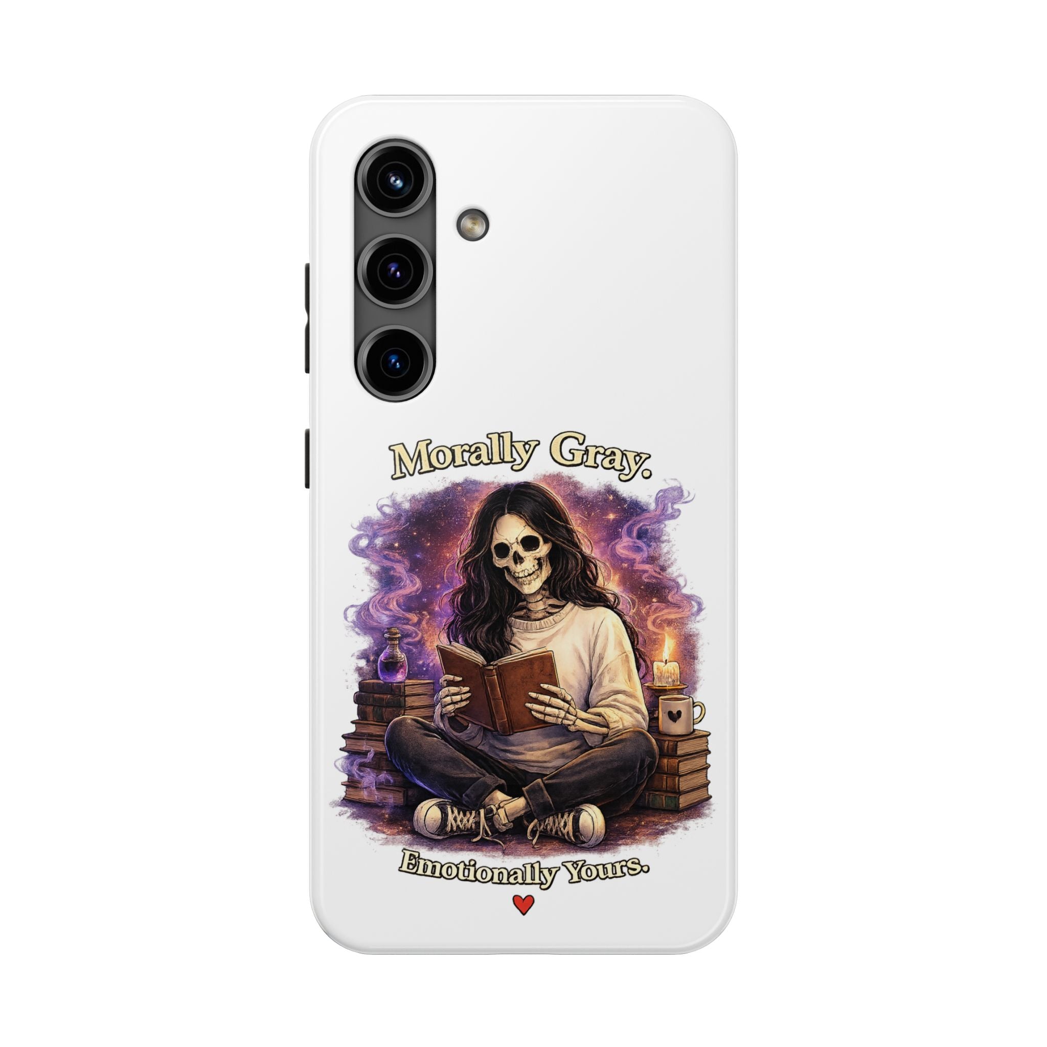 Morally Gray, Emotionally Yours Phone Case — Gothic Skeleton Booklover Protective Case