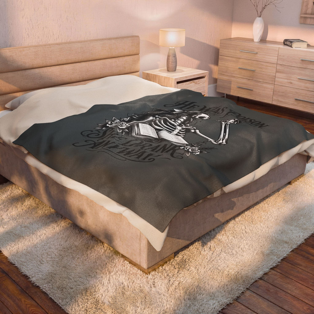 Velveteen Blanket — Gothic Skeleton "He Was Poison, She Drank Anyway" Plush Throw