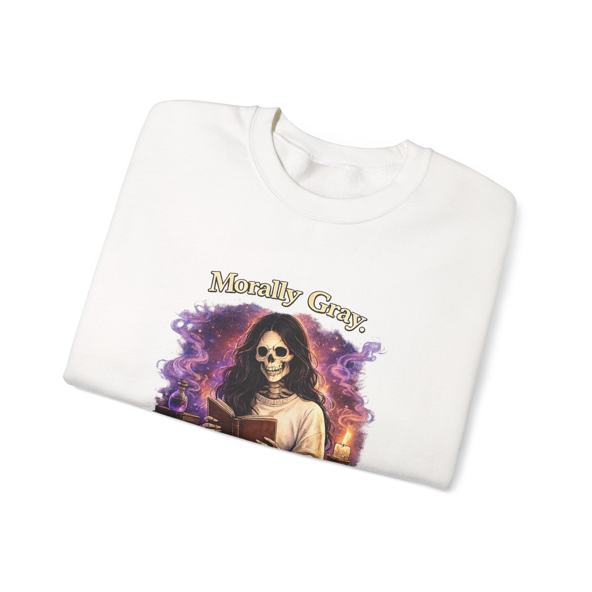 Skull Reader Sweatshirt — 'Morally Grey, Academically Blessed' Gothic Crewneck