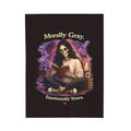 “Morally Gray, Emotionally Yours” Plush Blanket – Gothic Skeleton Reading Velveteen Throw