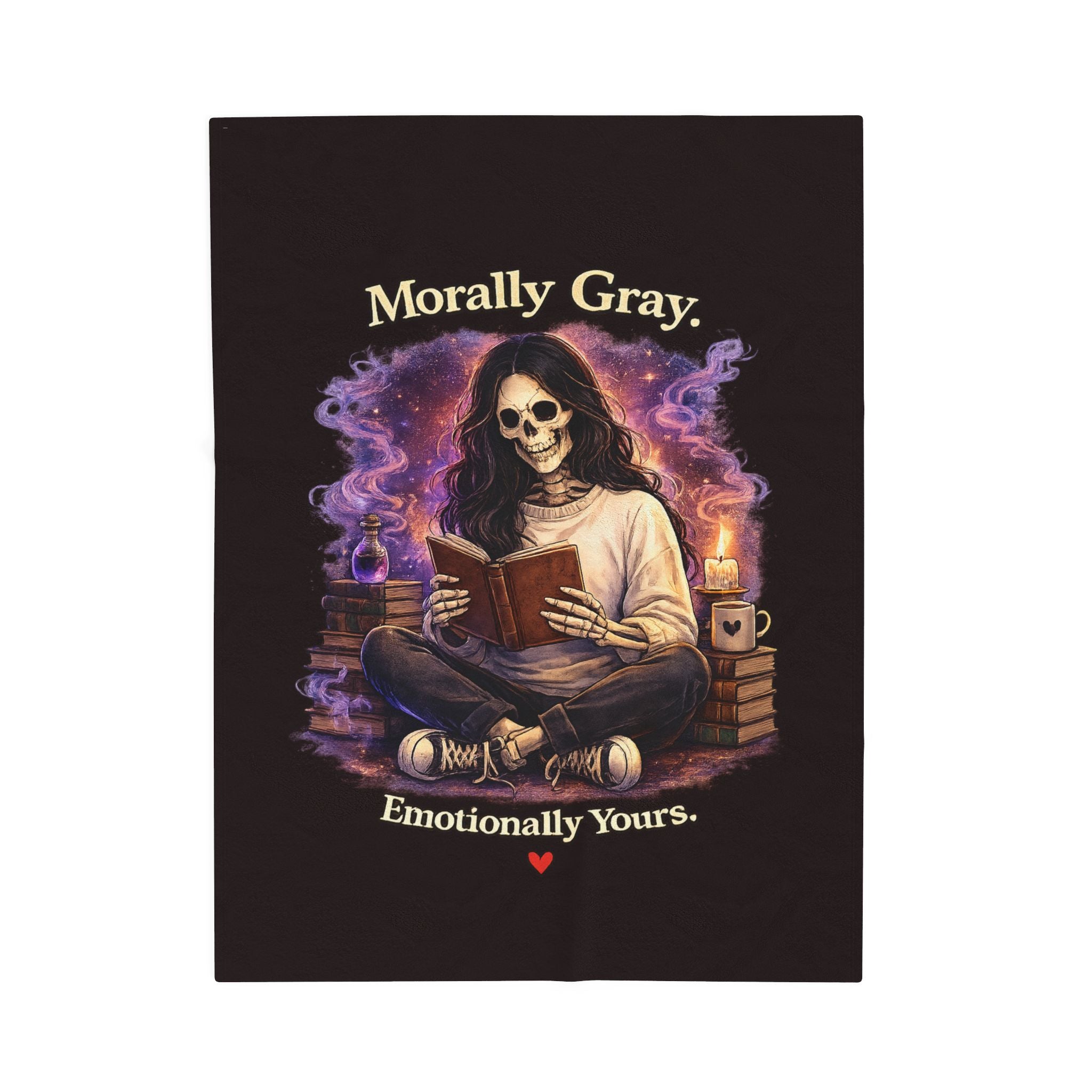 “Morally Gray, Emotionally Yours” Plush Blanket – Gothic Skeleton Reading Velveteen Throw
