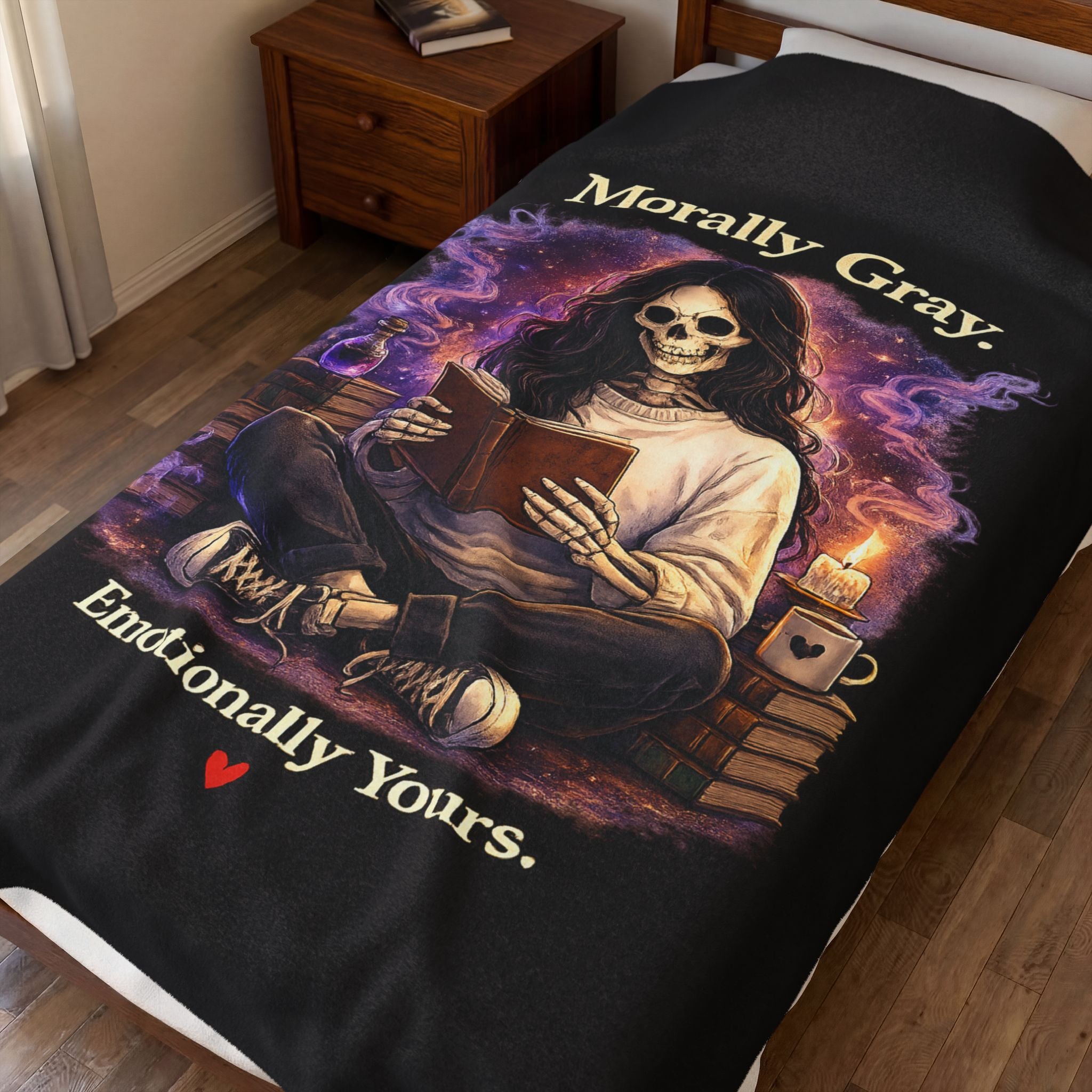 “Morally Gray, Emotionally Yours” Plush Blanket – Gothic Skeleton Reading Velveteen Throw