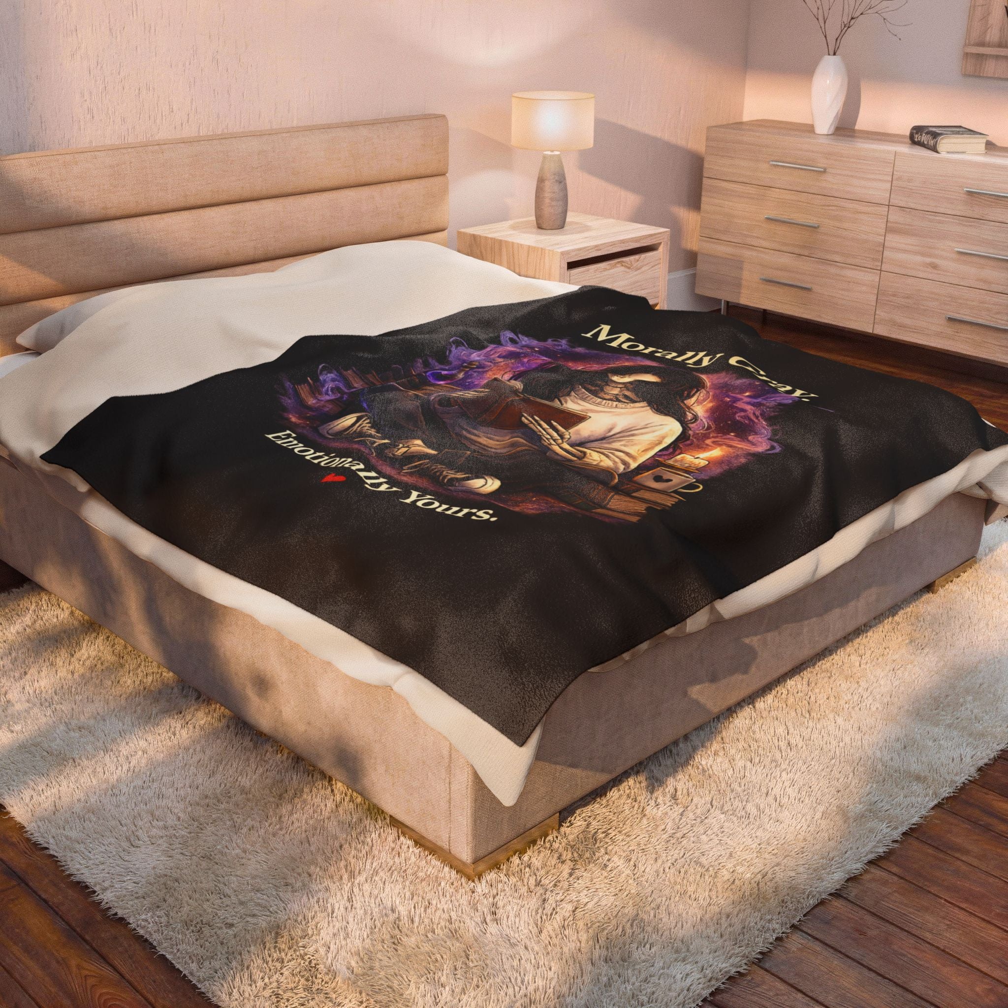 “Morally Gray, Emotionally Yours” Plush Blanket – Gothic Skeleton Reading Velveteen Throw