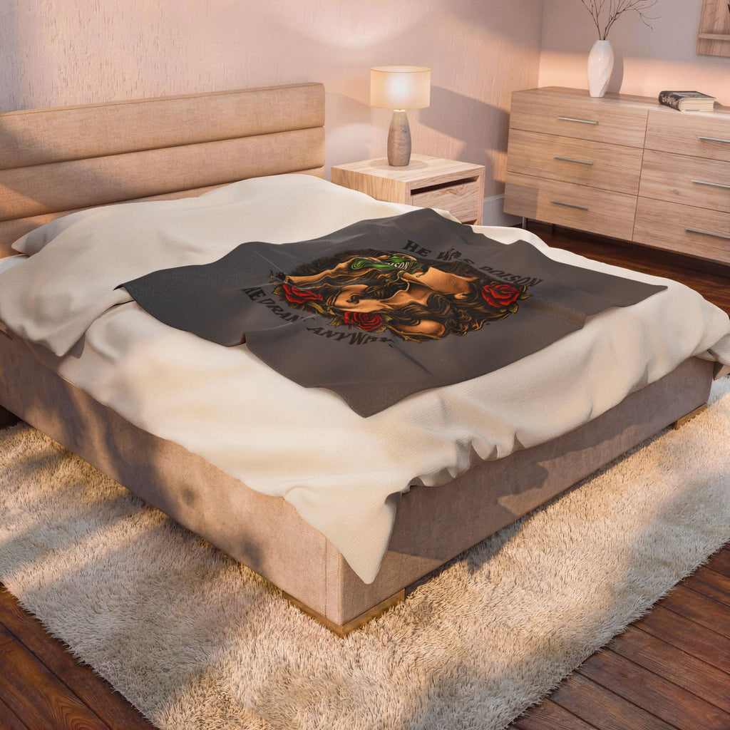 Velveteen Plush Blanket — “He Was Poison, She Drank Anyway” Gothic Rose Throw