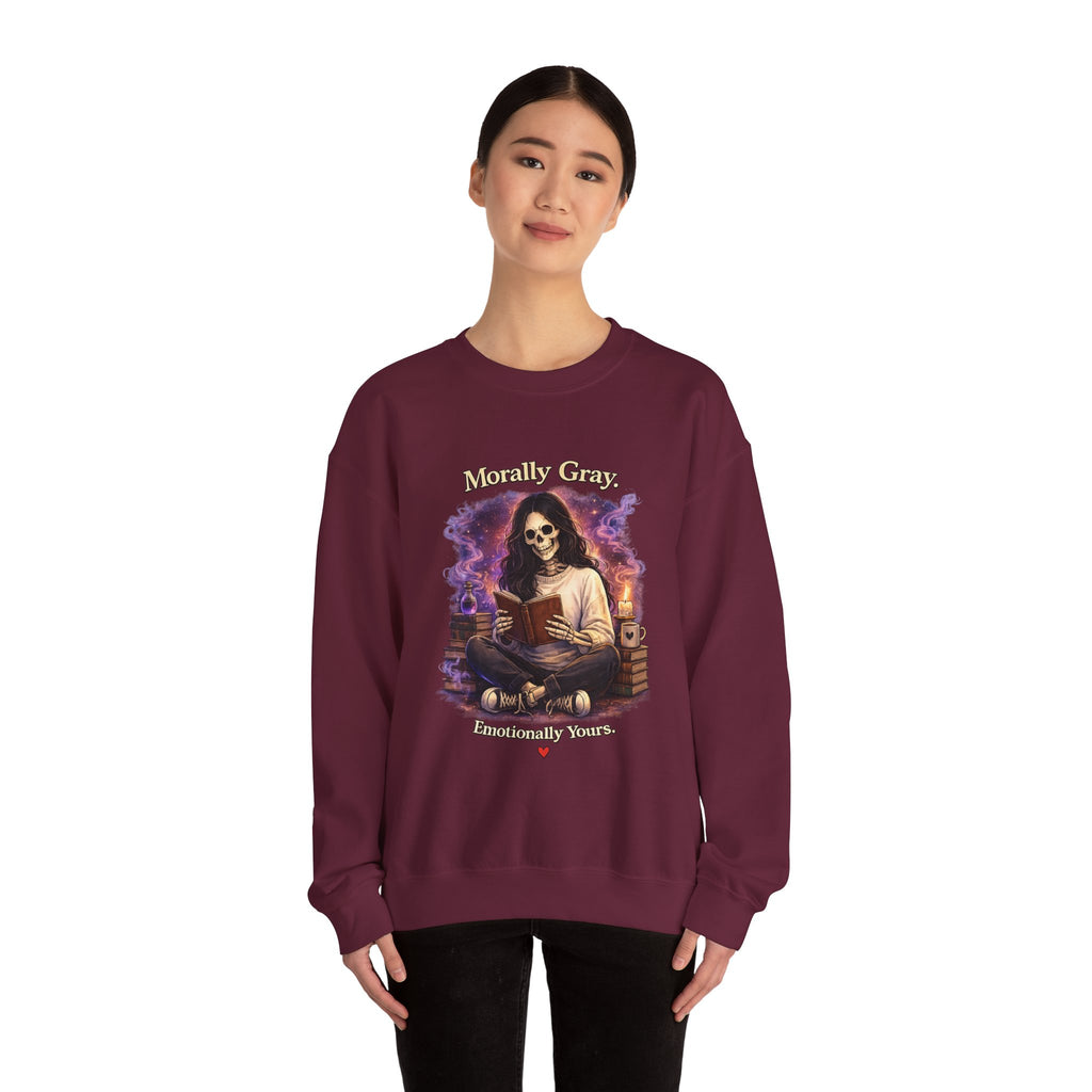 Skull Reader Sweatshirt — 'Morally Grey, Academically Blessed' Gothic Crewneck
