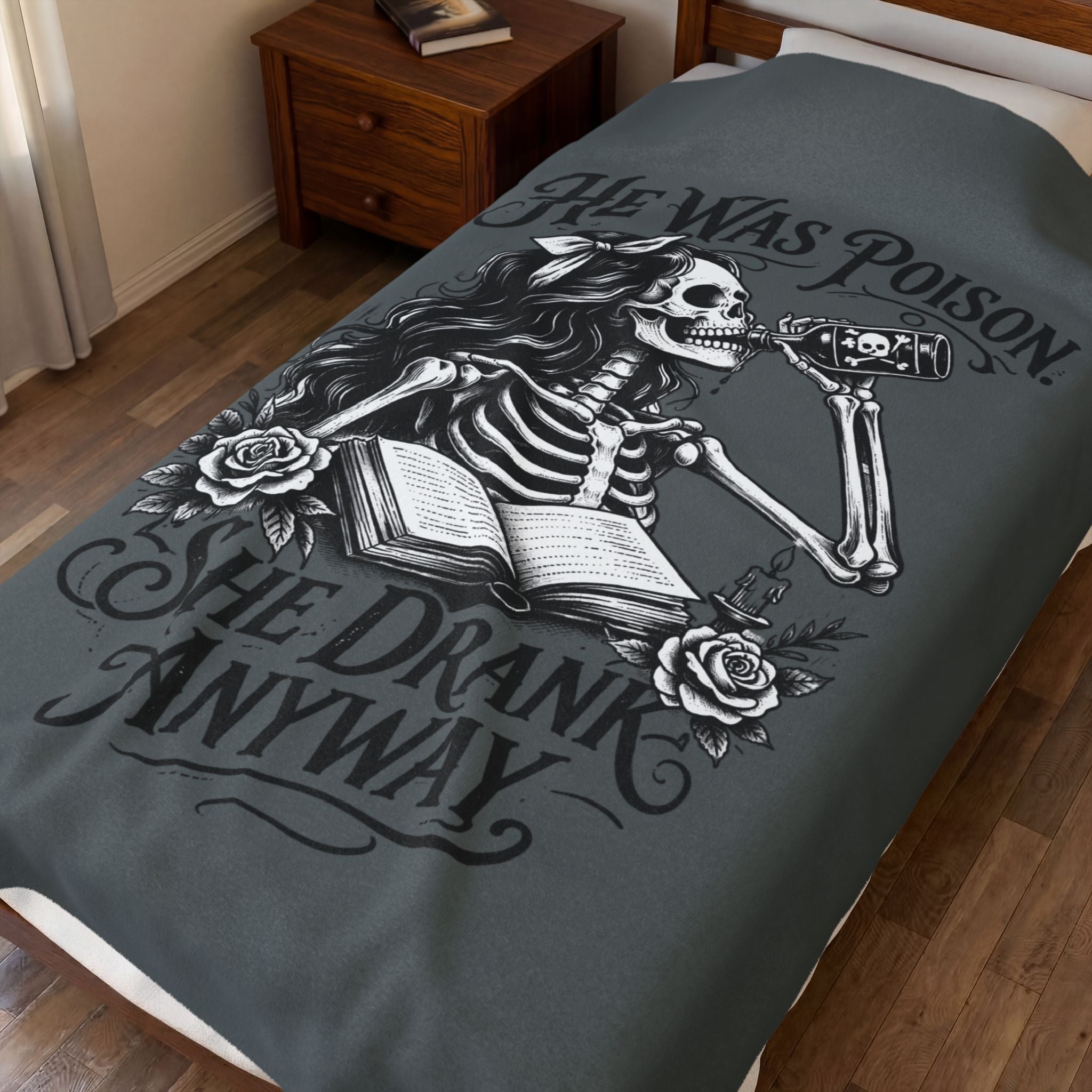 Velveteen Blanket — Gothic Skeleton "He Was Poison, She Drank Anyway" Plush Throw