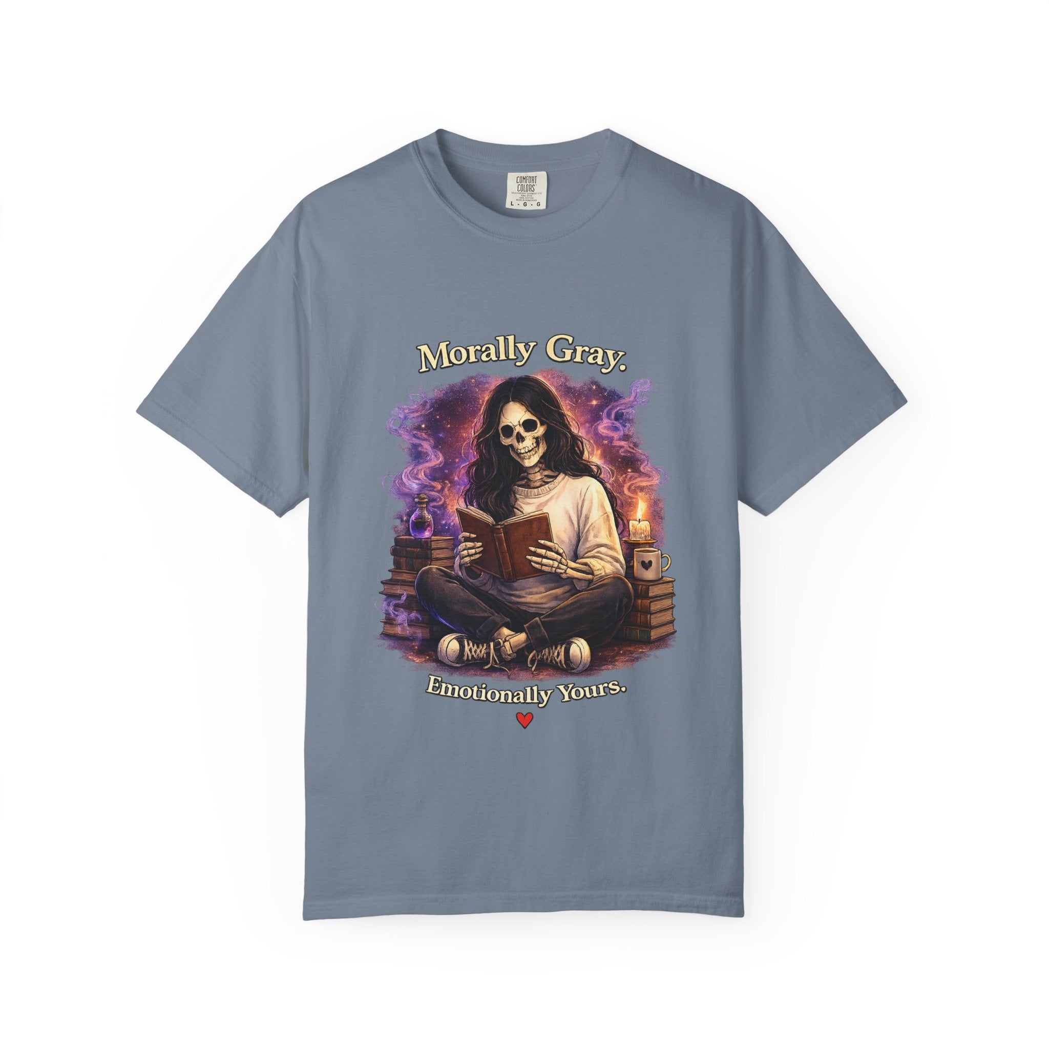 Skull Reader T-Shirt — "Mostly Gray, Emotionally Yours" Gothic Booklover Tee