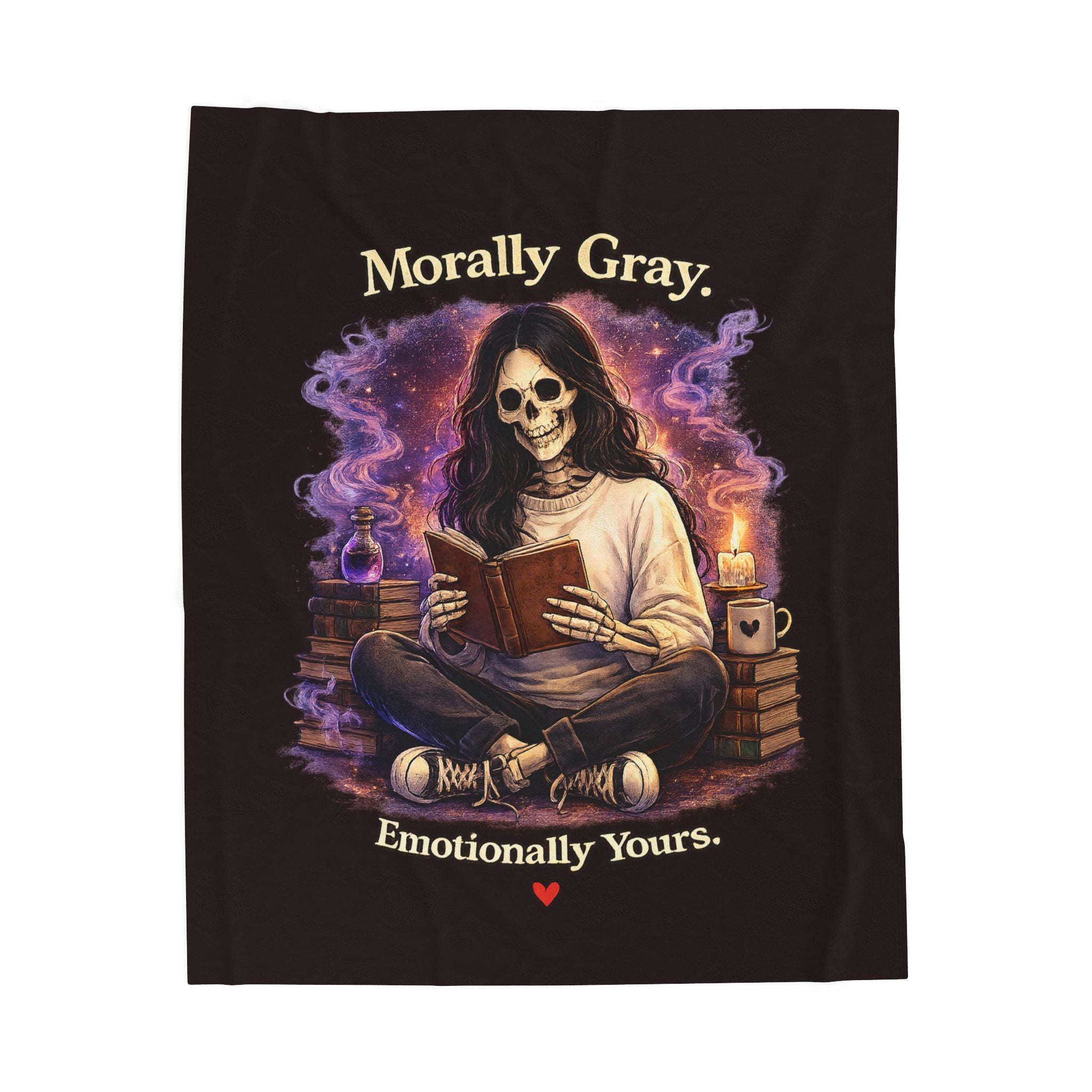 “Morally Gray, Emotionally Yours” Plush Blanket – Gothic Skeleton Reading Velveteen Throw