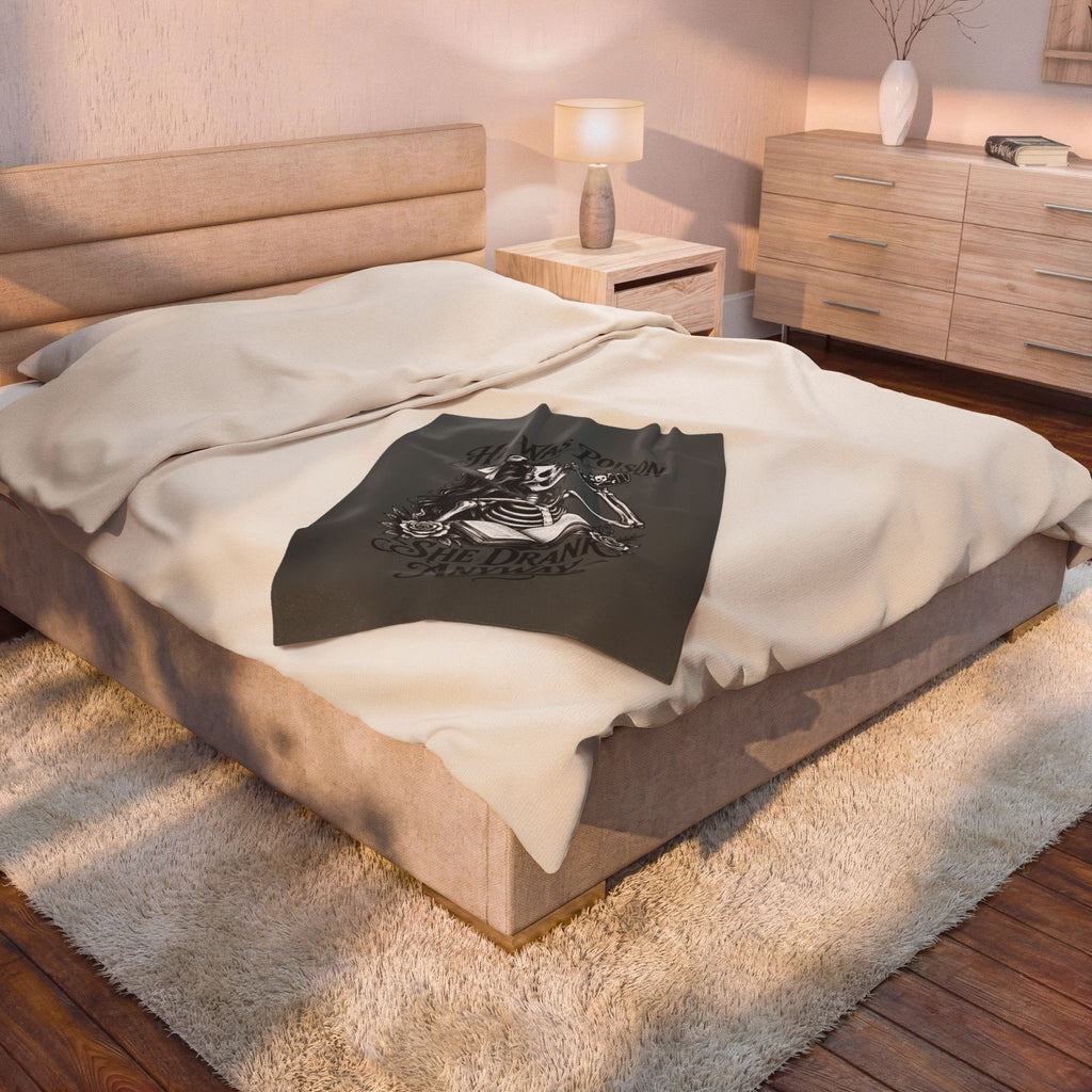 Velveteen Blanket — Gothic Skeleton "He Was Poison, She Drank Anyway" Plush Throw