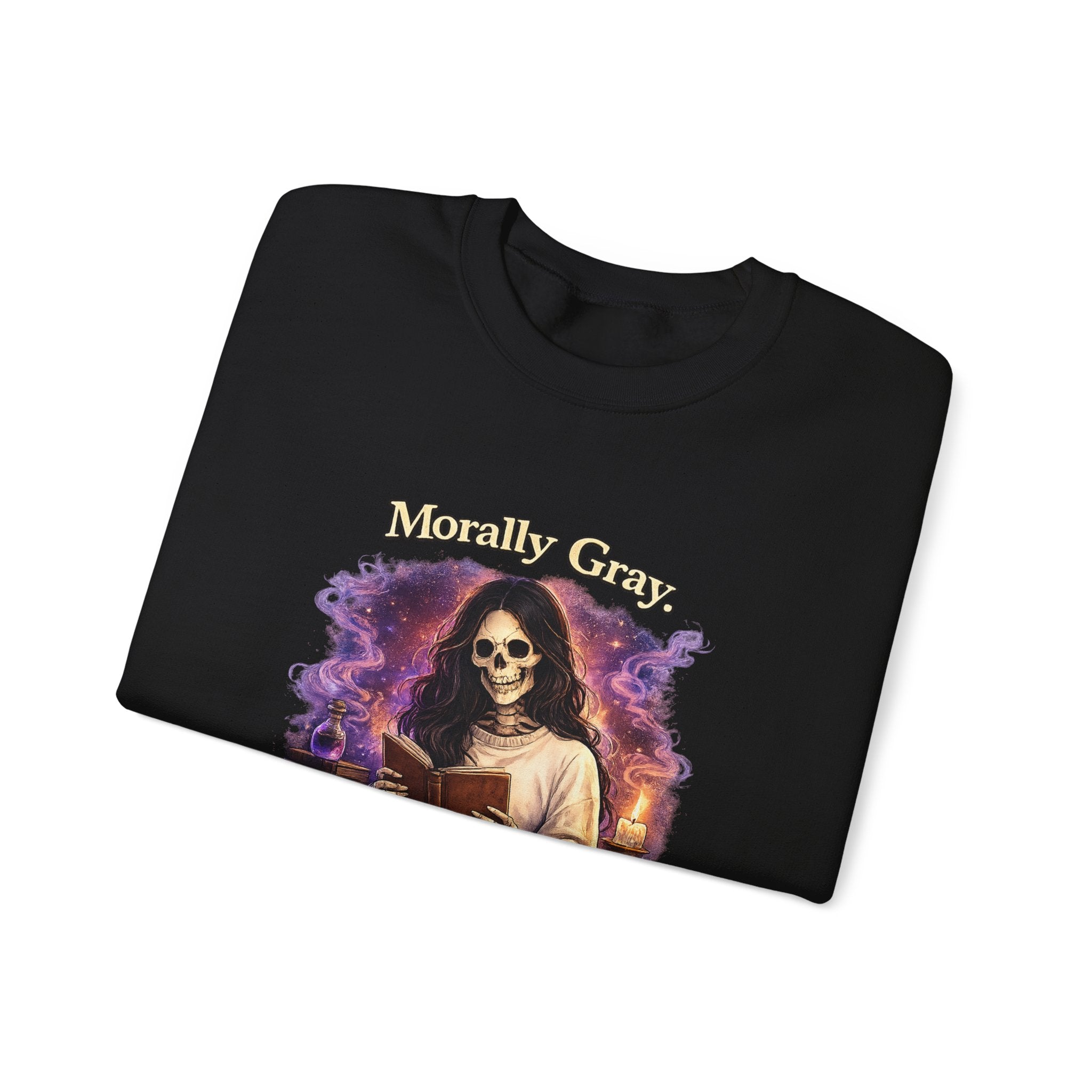 Skull Reader Sweatshirt — 'Morally Grey, Academically Blessed' Gothic Crewneck