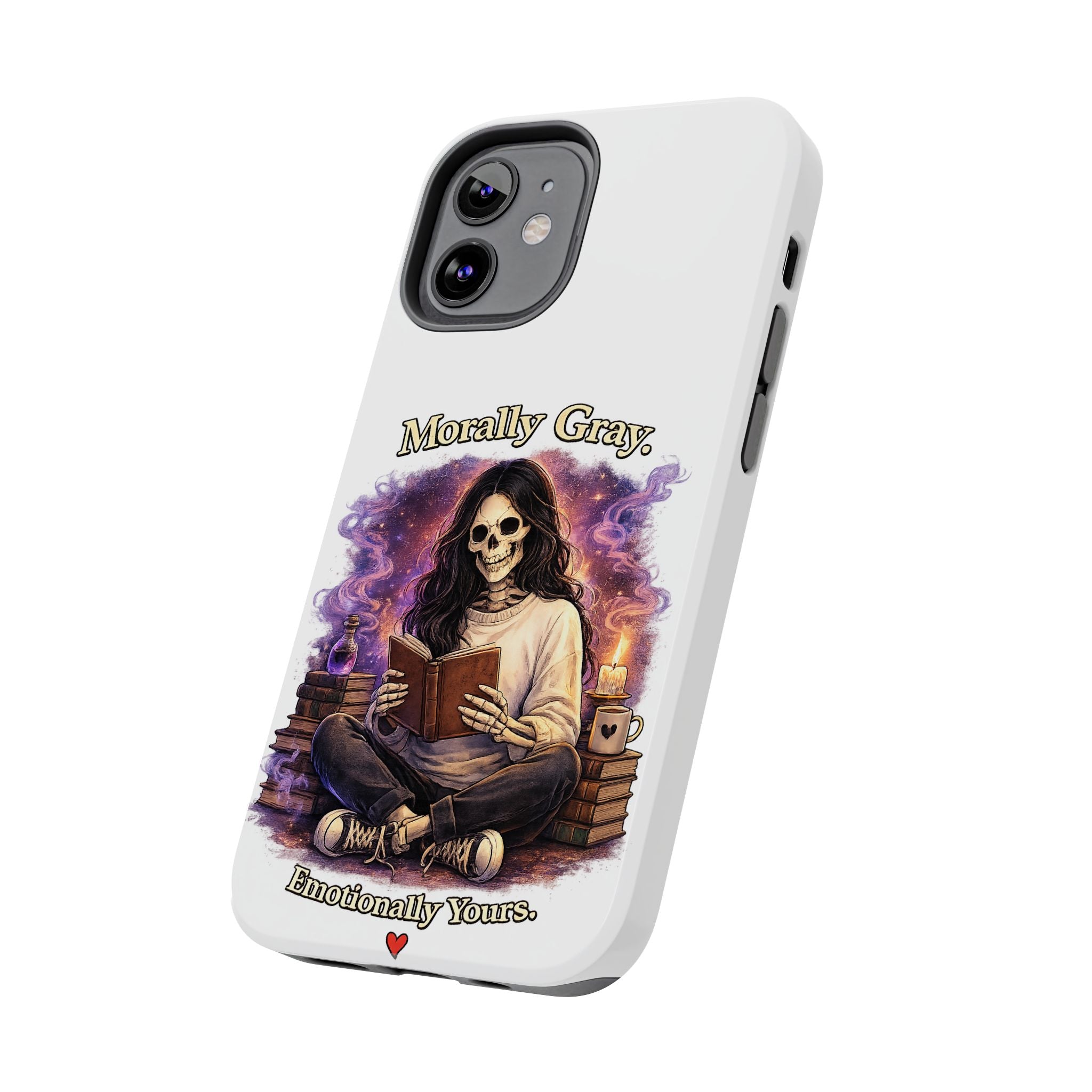 Morally Gray, Emotionally Yours Phone Case — Gothic Skeleton Booklover Protective Case