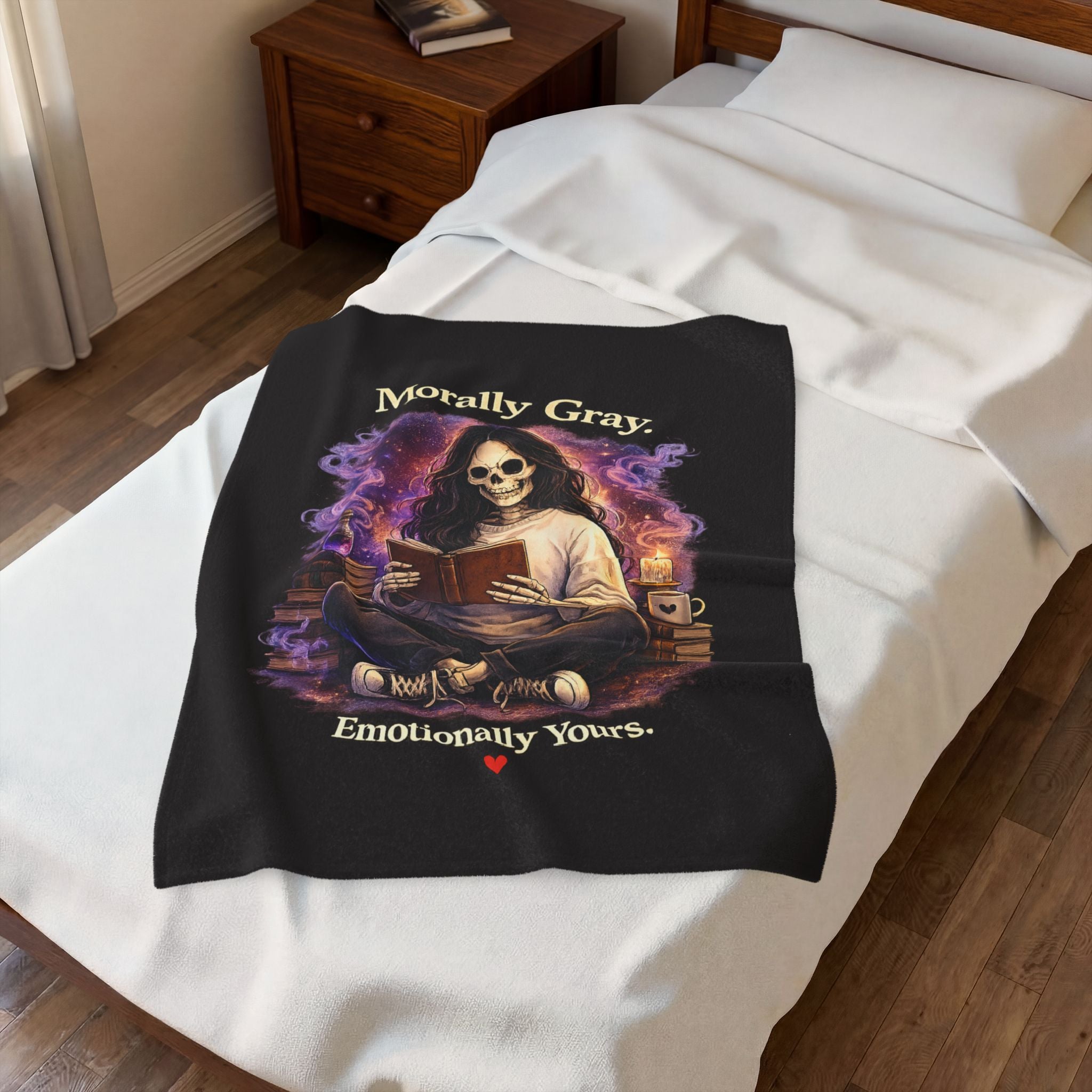 “Morally Gray, Emotionally Yours” Plush Blanket – Gothic Skeleton Reading Velveteen Throw