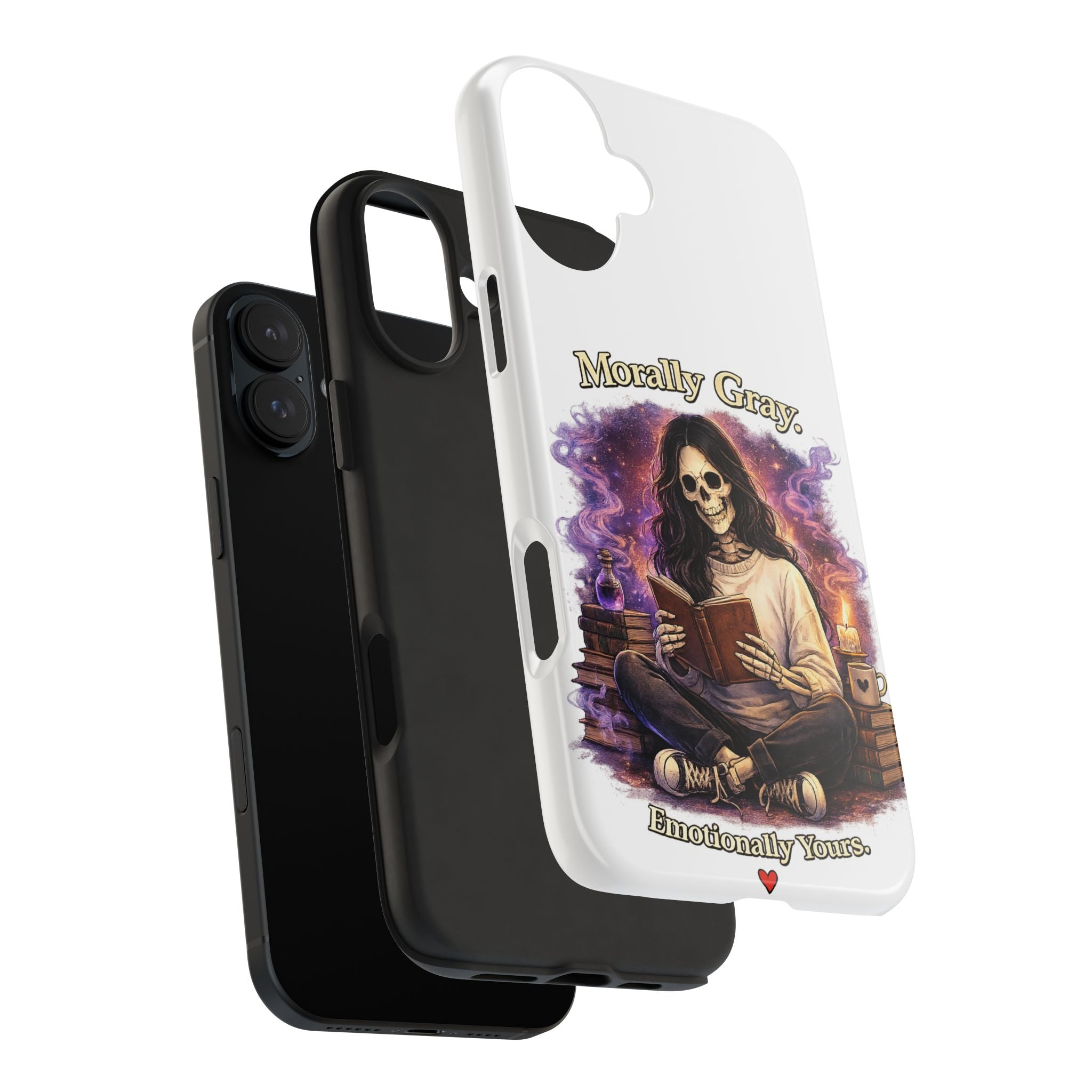 Morally Gray, Emotionally Yours Phone Case — Gothic Skeleton Booklover Protective Case