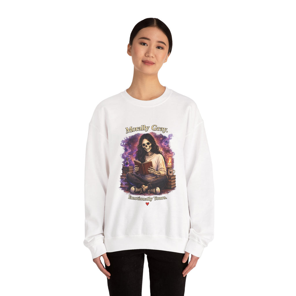 Skull Reader Sweatshirt — 'Morally Grey, Academically Blessed' Gothic Crewneck
