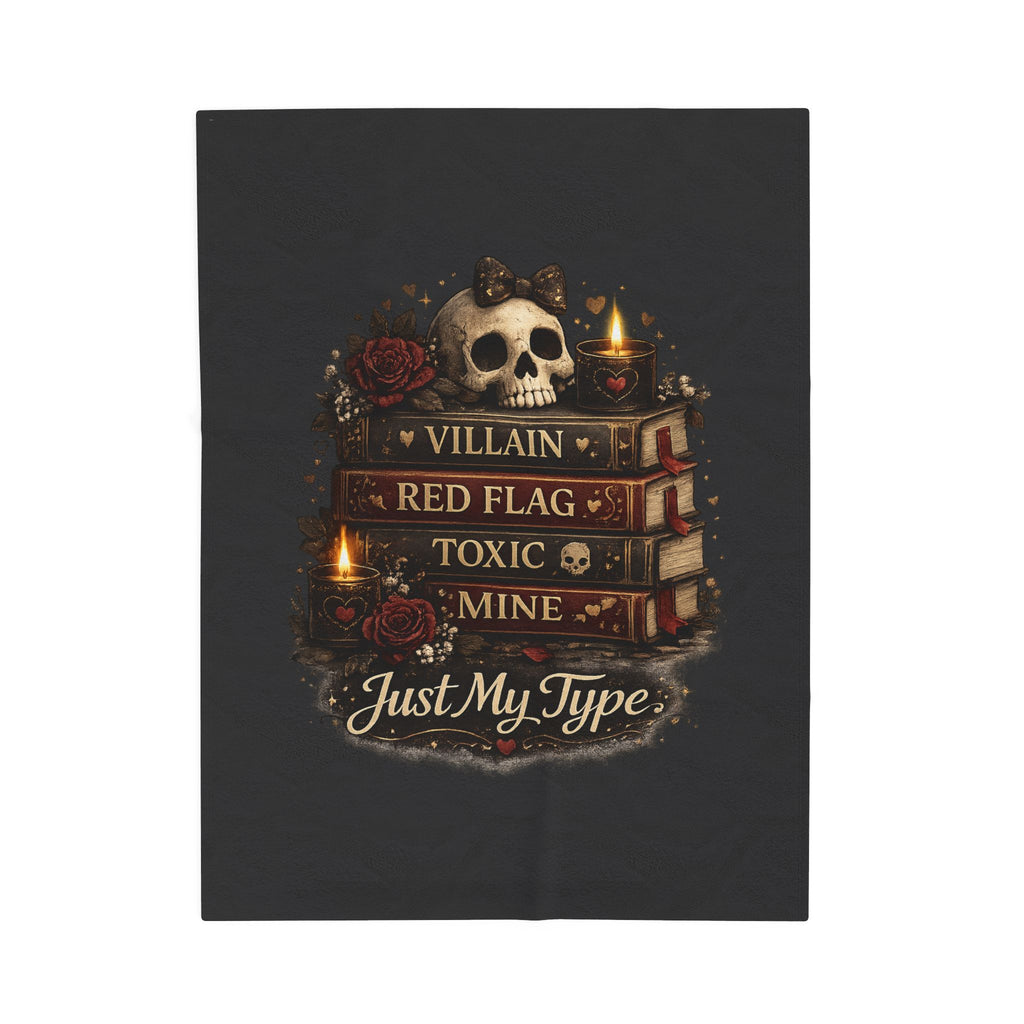 Velveteen Plush Blanket — 'Just My Type' Gothic Skull & Book Stack Cozy Throw