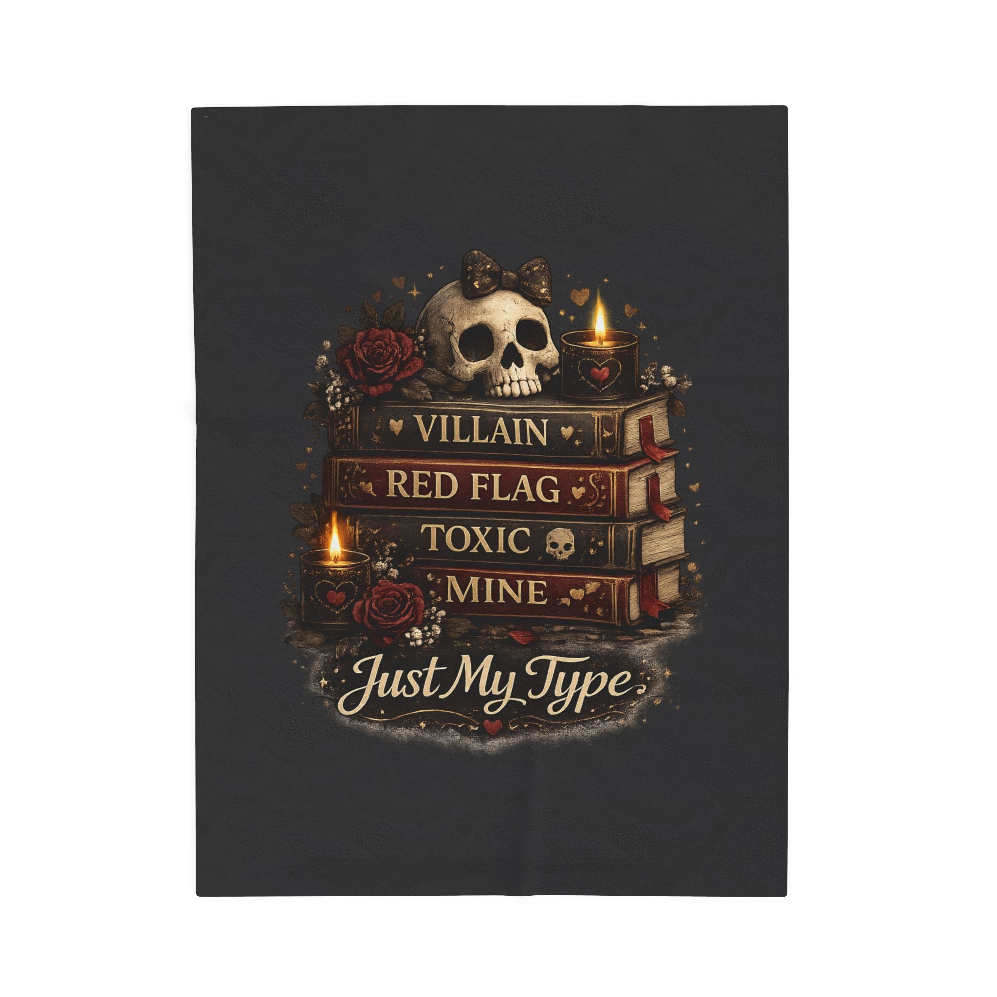 Velveteen Plush Blanket — 'Just My Type' Gothic Skull & Book Stack Cozy Throw
