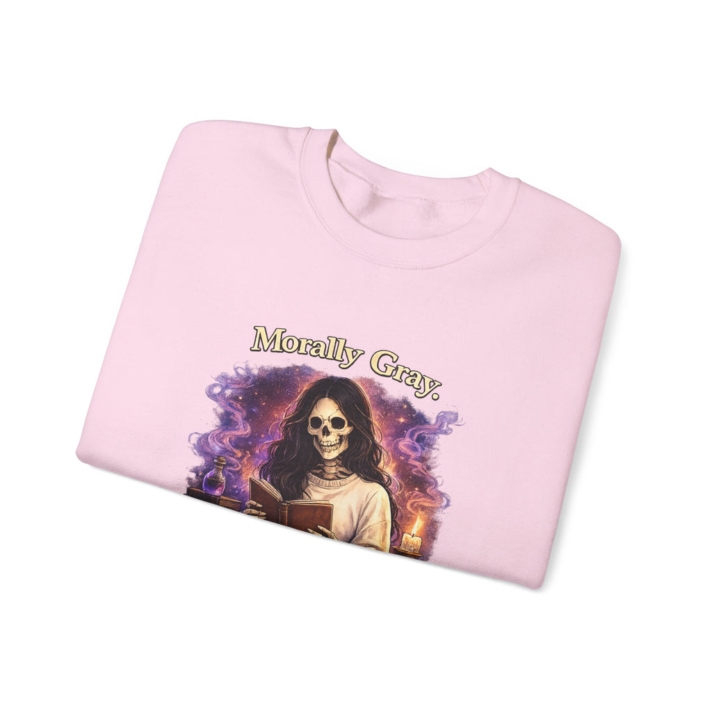 Skull Reader Sweatshirt — 'Morally Grey, Academically Blessed' Gothic Crewneck