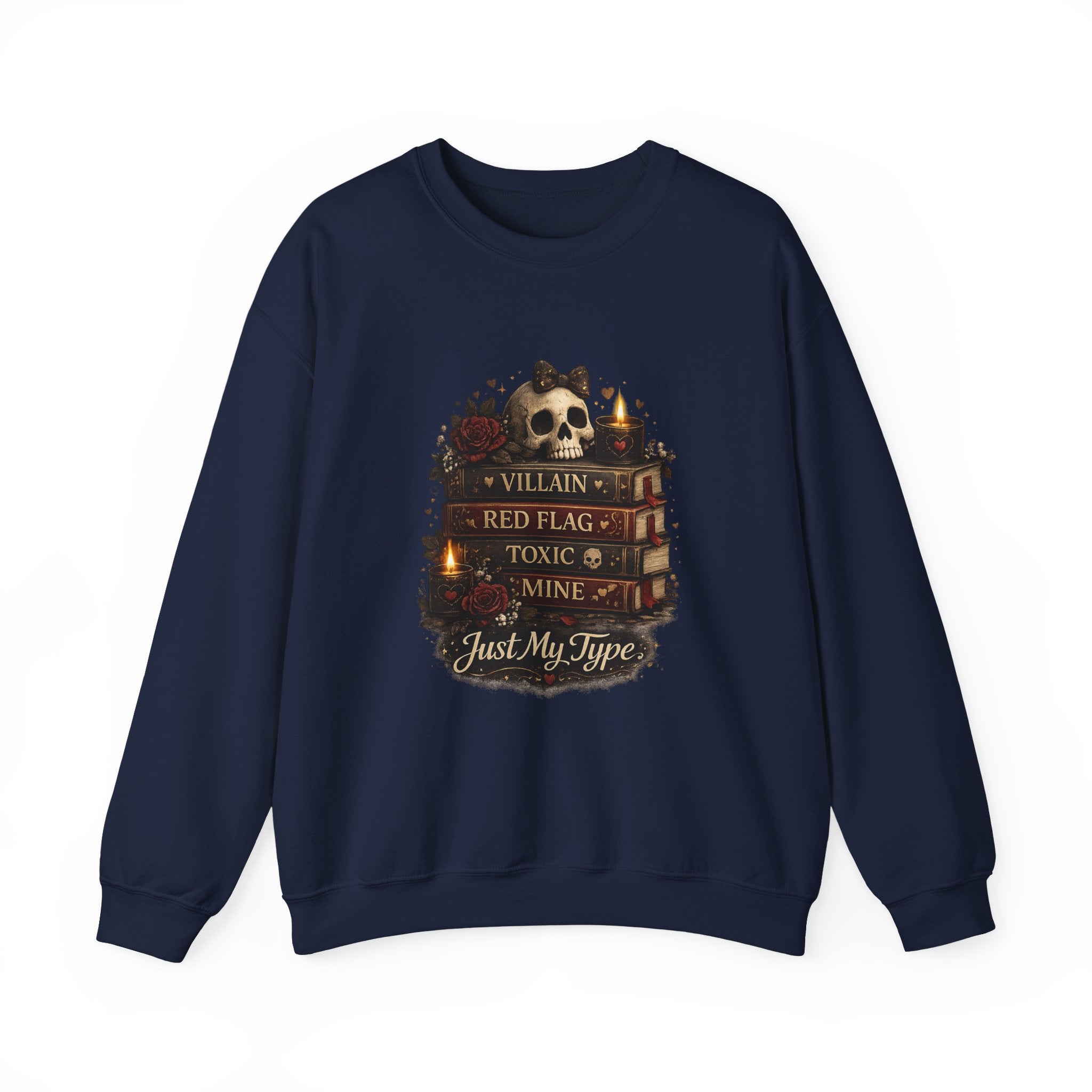 Crewneck Sweatshirt - "Just My Type" Stacked Books & Skull Gothic Design