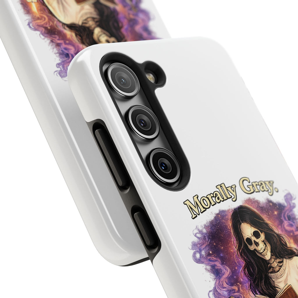 Morally Gray, Emotionally Yours Phone Case — Gothic Skeleton Booklover Protective Case