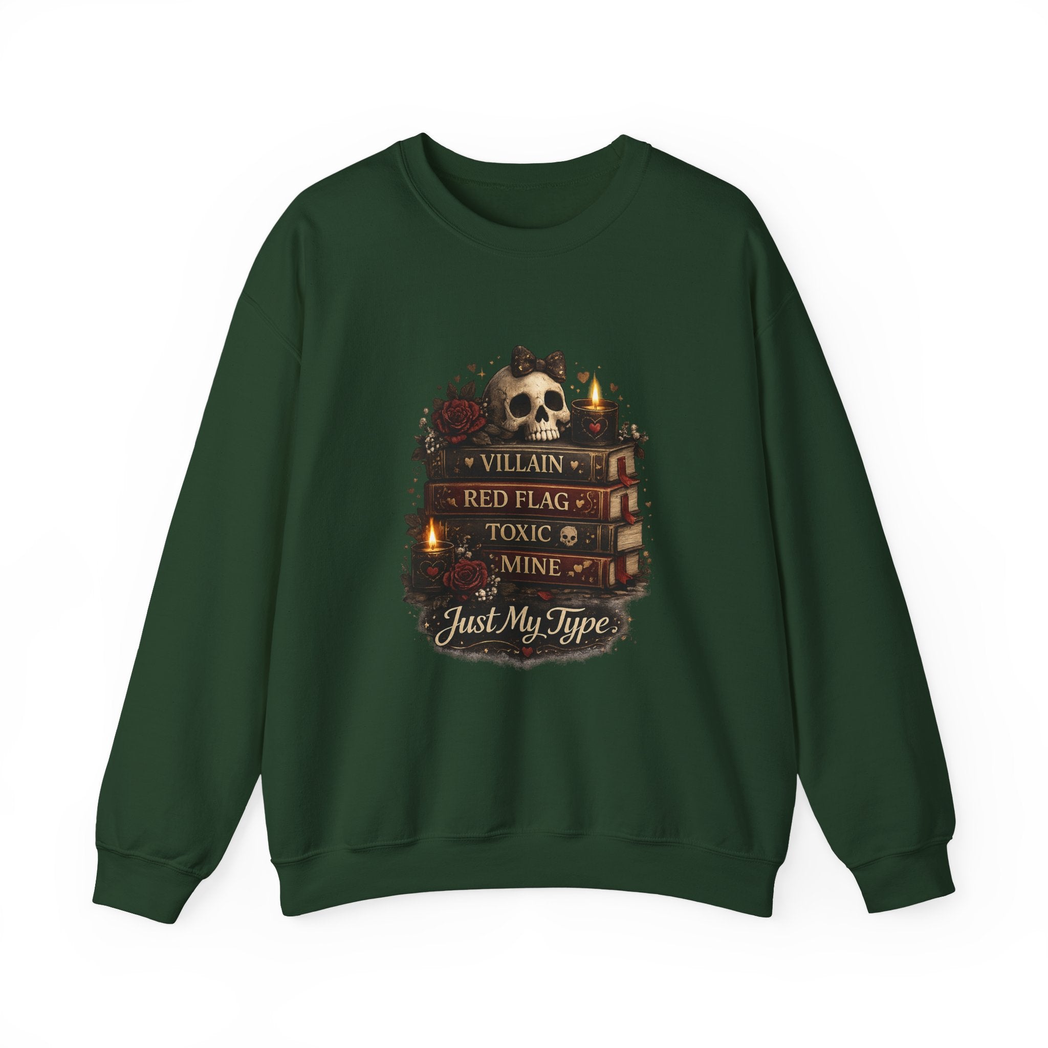 Crewneck Sweatshirt - "Just My Type" Stacked Books & Skull Gothic Design