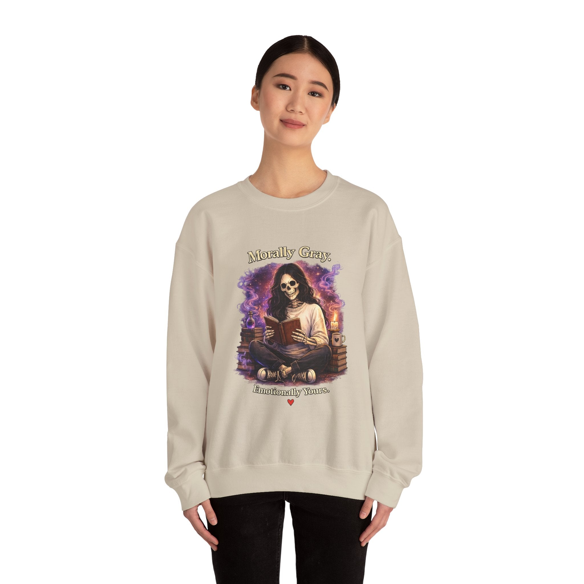 Skull Reader Sweatshirt — 'Morally Grey, Academically Blessed' Gothic Crewneck
