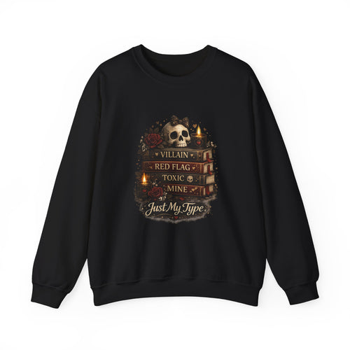 Crewneck Sweatshirt - "Just My Type" Stacked Books & Skull Gothic Design