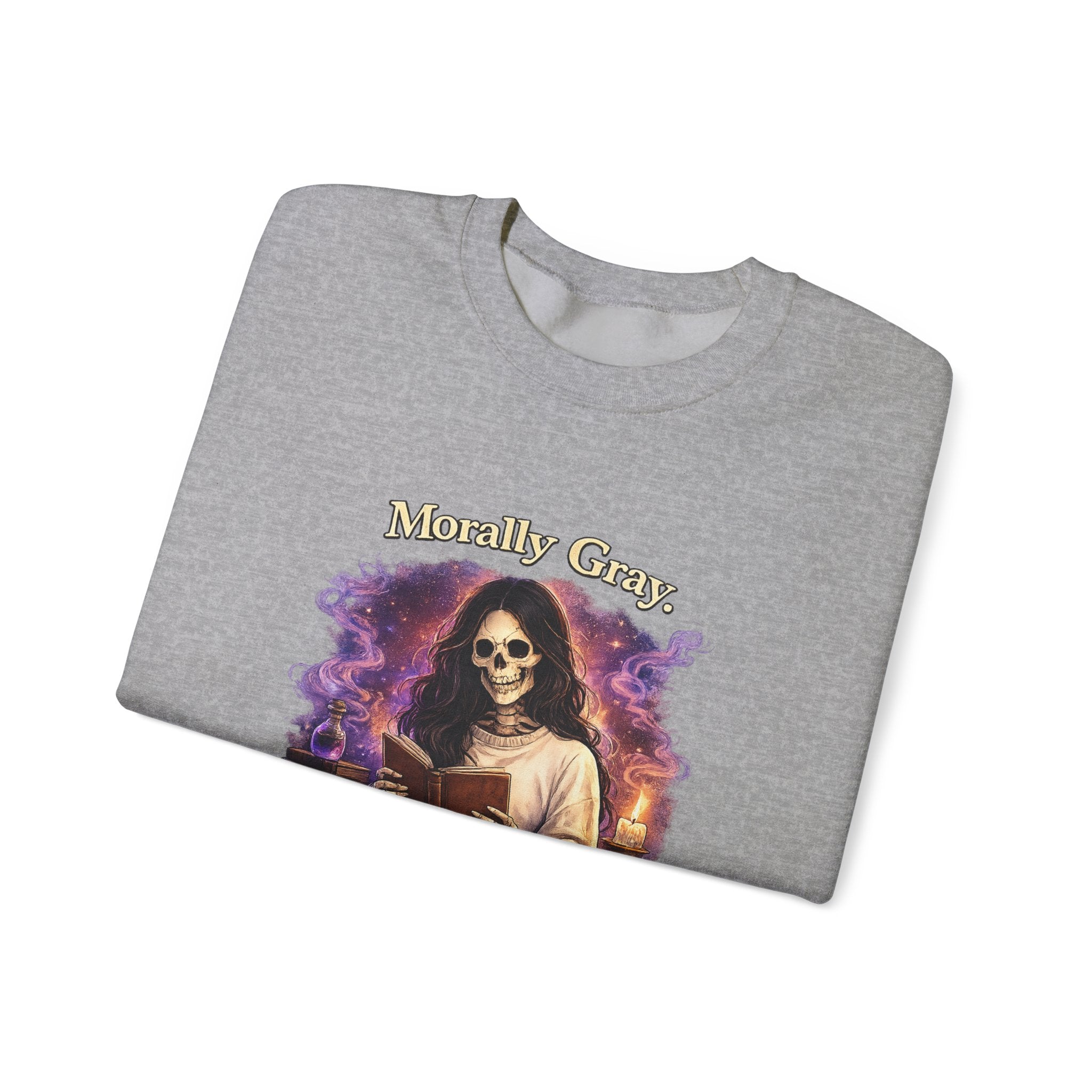 Skull Reader Sweatshirt — 'Morally Grey, Academically Blessed' Gothic Crewneck