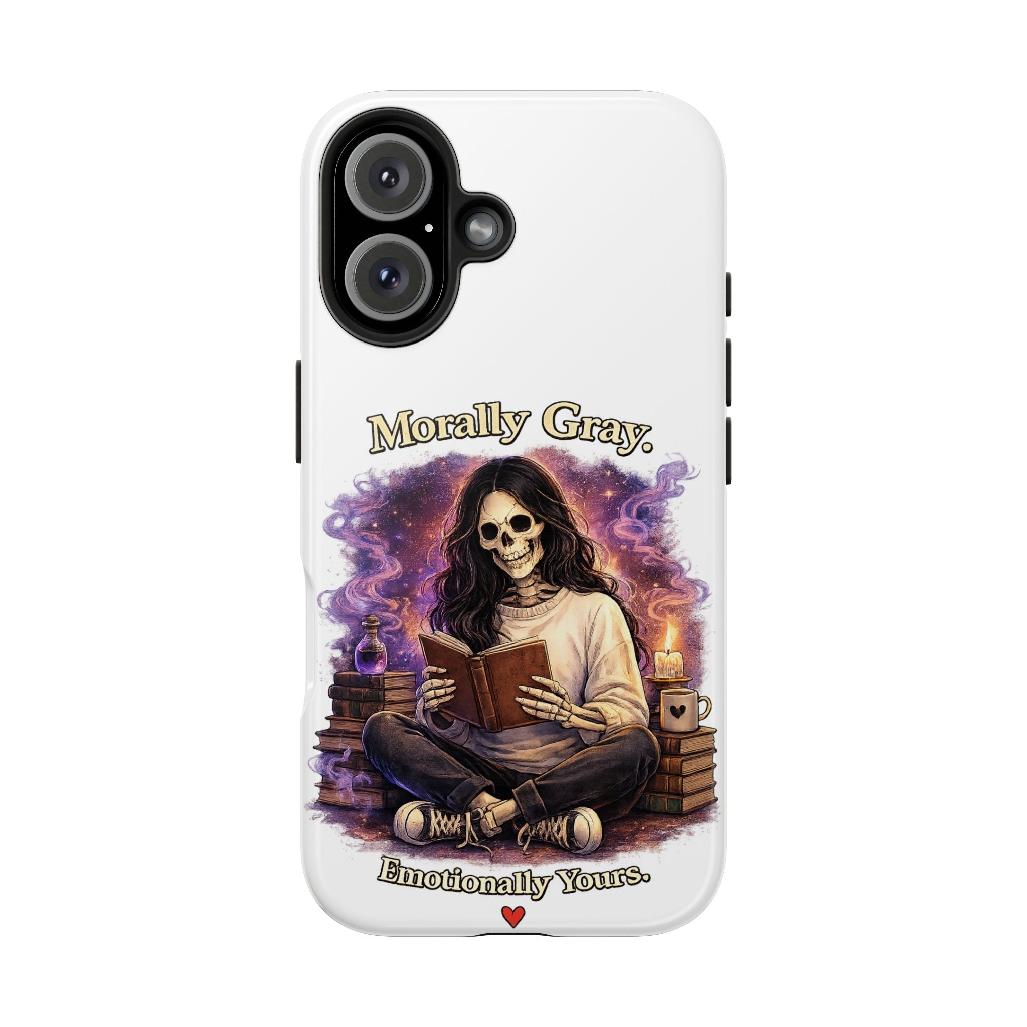 Morally Gray, Emotionally Yours Phone Case — Gothic Skeleton Booklover Protective Case