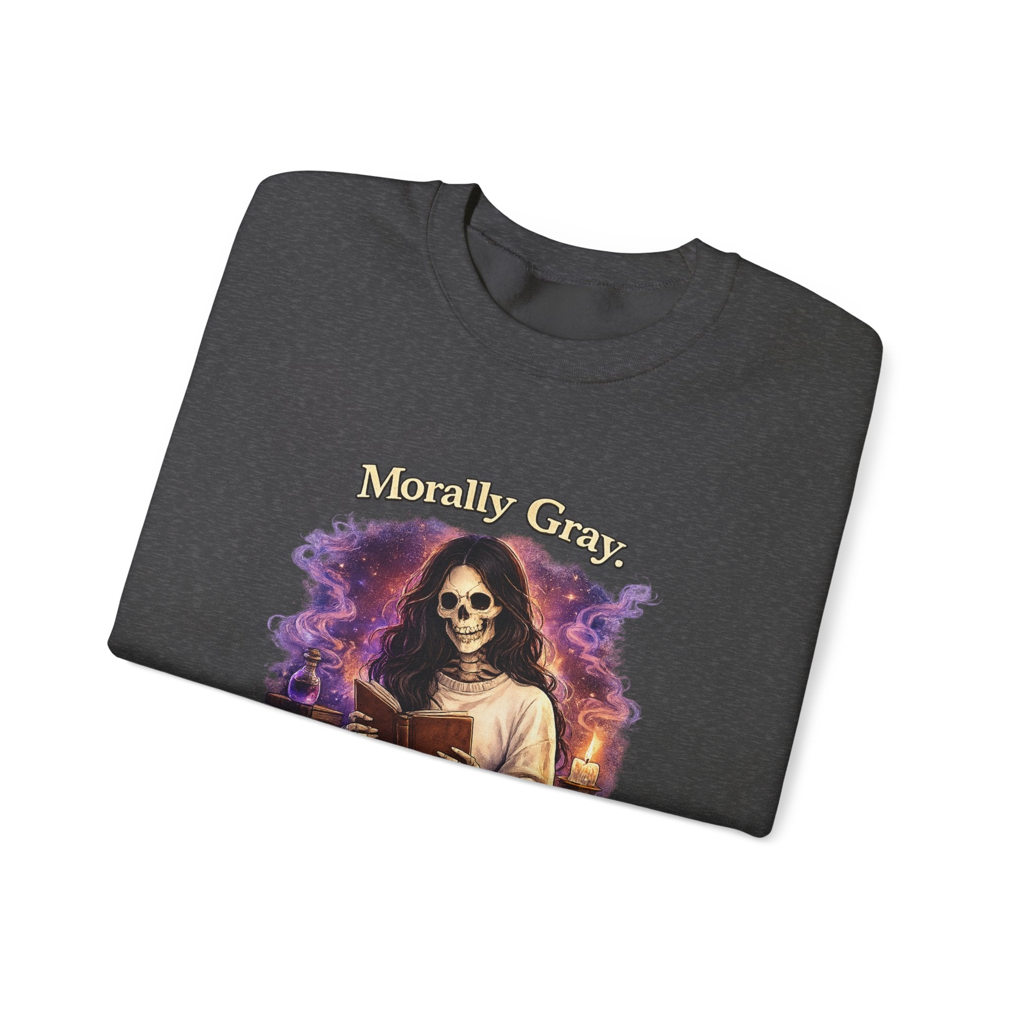 Skull Reader Sweatshirt — 'Morally Grey, Academically Blessed' Gothic Crewneck