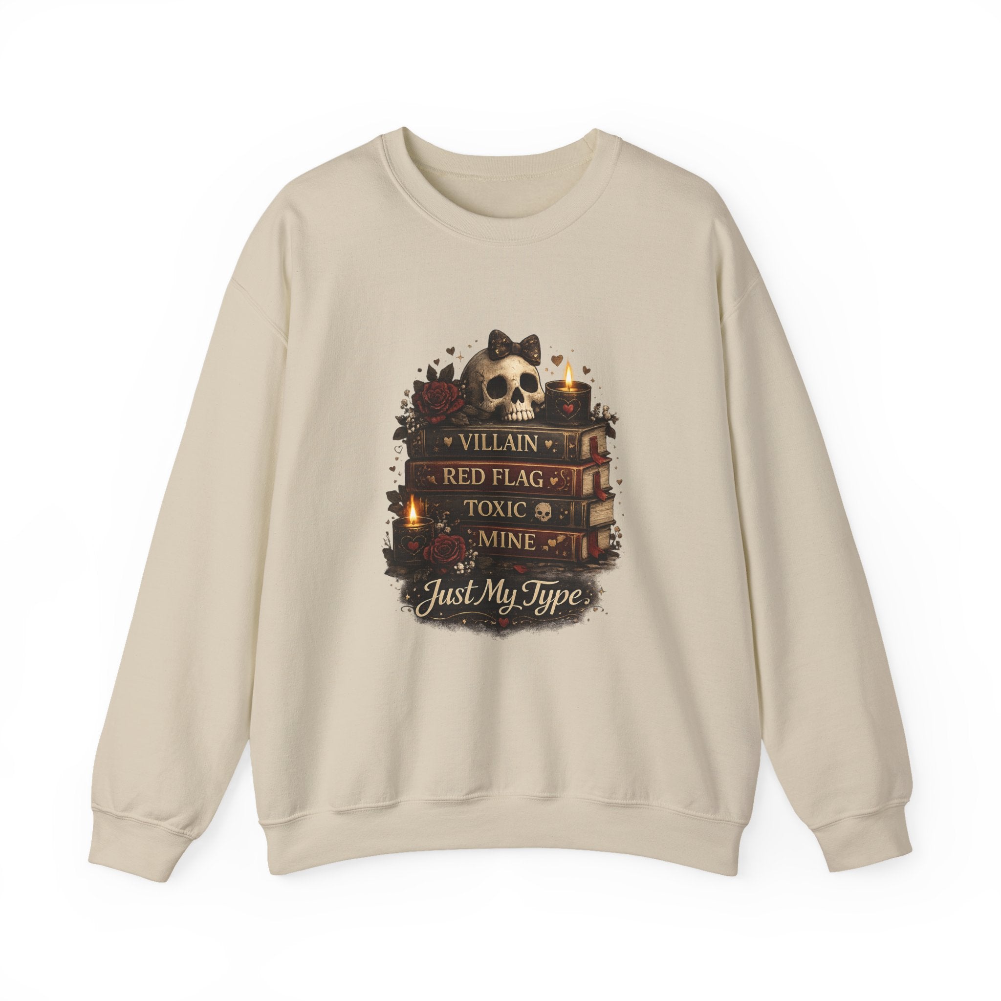 Crewneck Sweatshirt - "Just My Type" Stacked Books & Skull Gothic Design