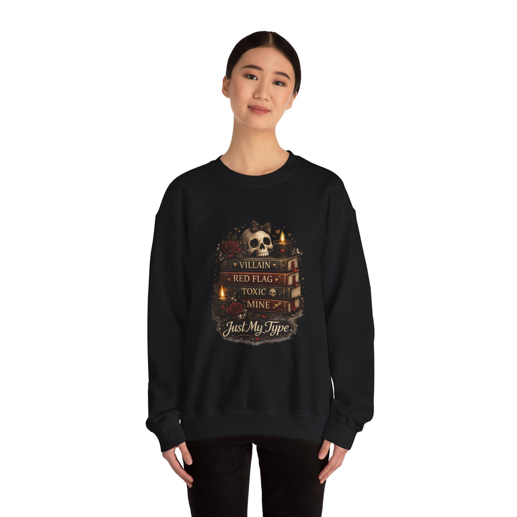 Crewneck Sweatshirt - "Just My Type" Stacked Books & Skull Gothic Design