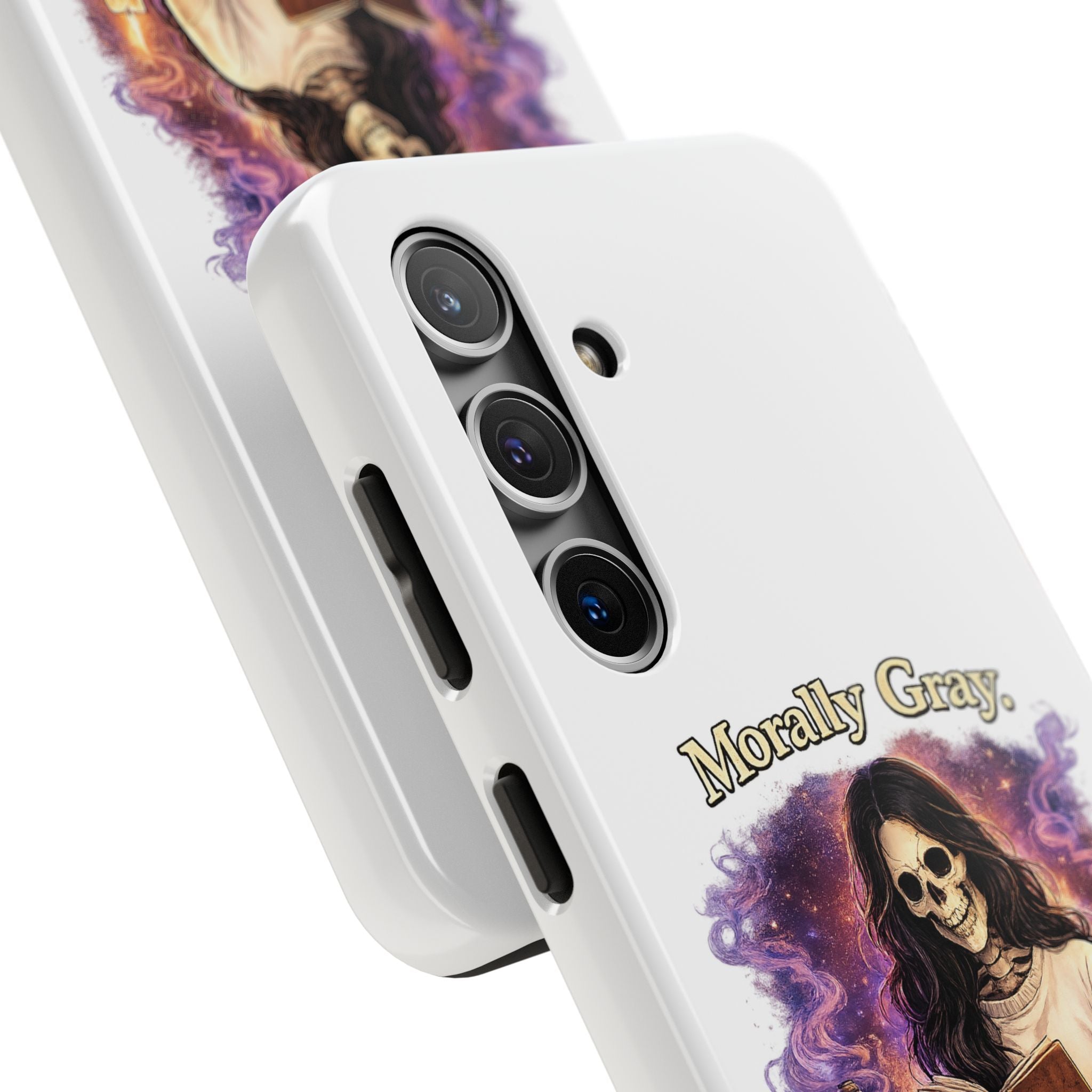 Morally Gray, Emotionally Yours Phone Case — Gothic Skeleton Booklover Protective Case