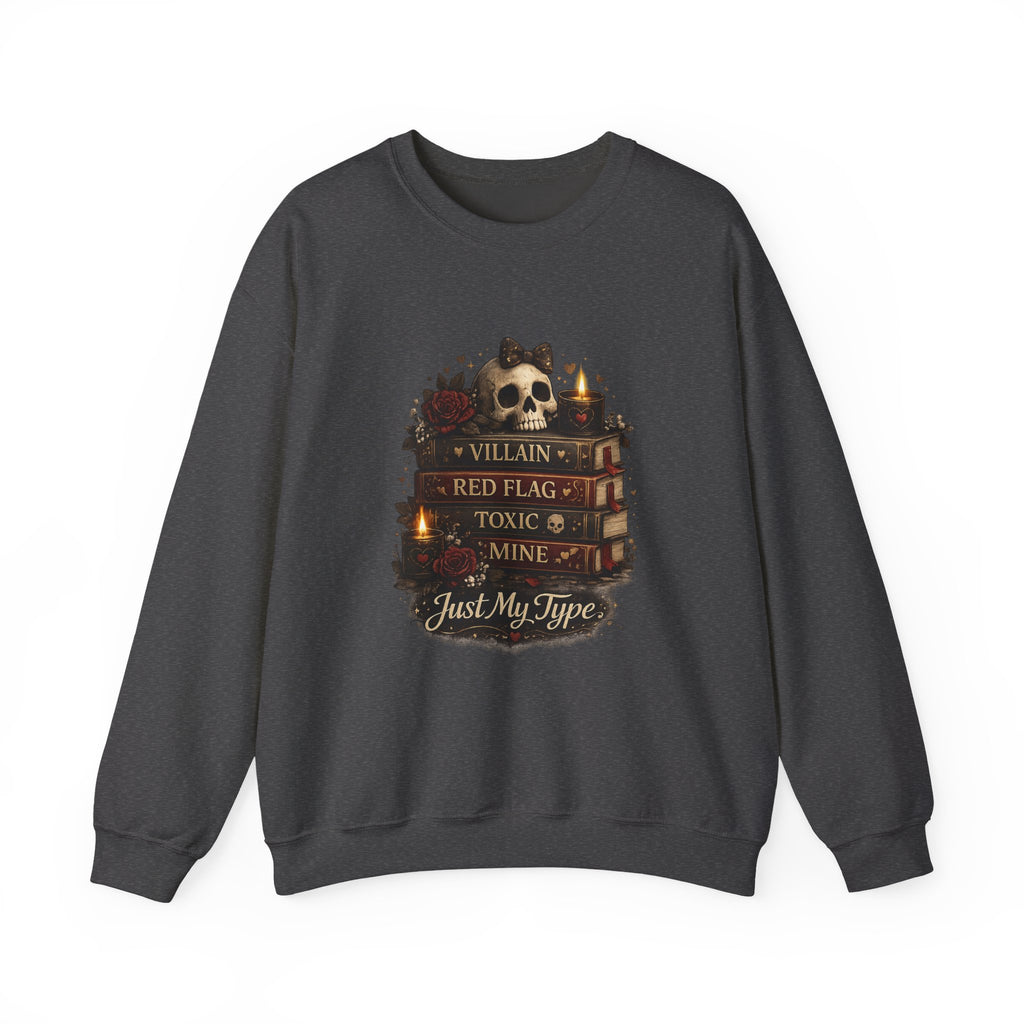 Crewneck Sweatshirt - "Just My Type" Stacked Books & Skull Gothic Design