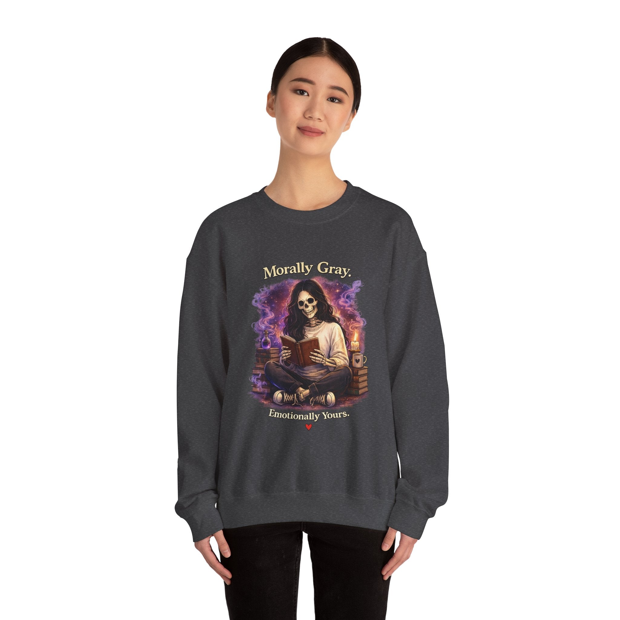 Skull Reader Sweatshirt — 'Morally Grey, Academically Blessed' Gothic Crewneck
