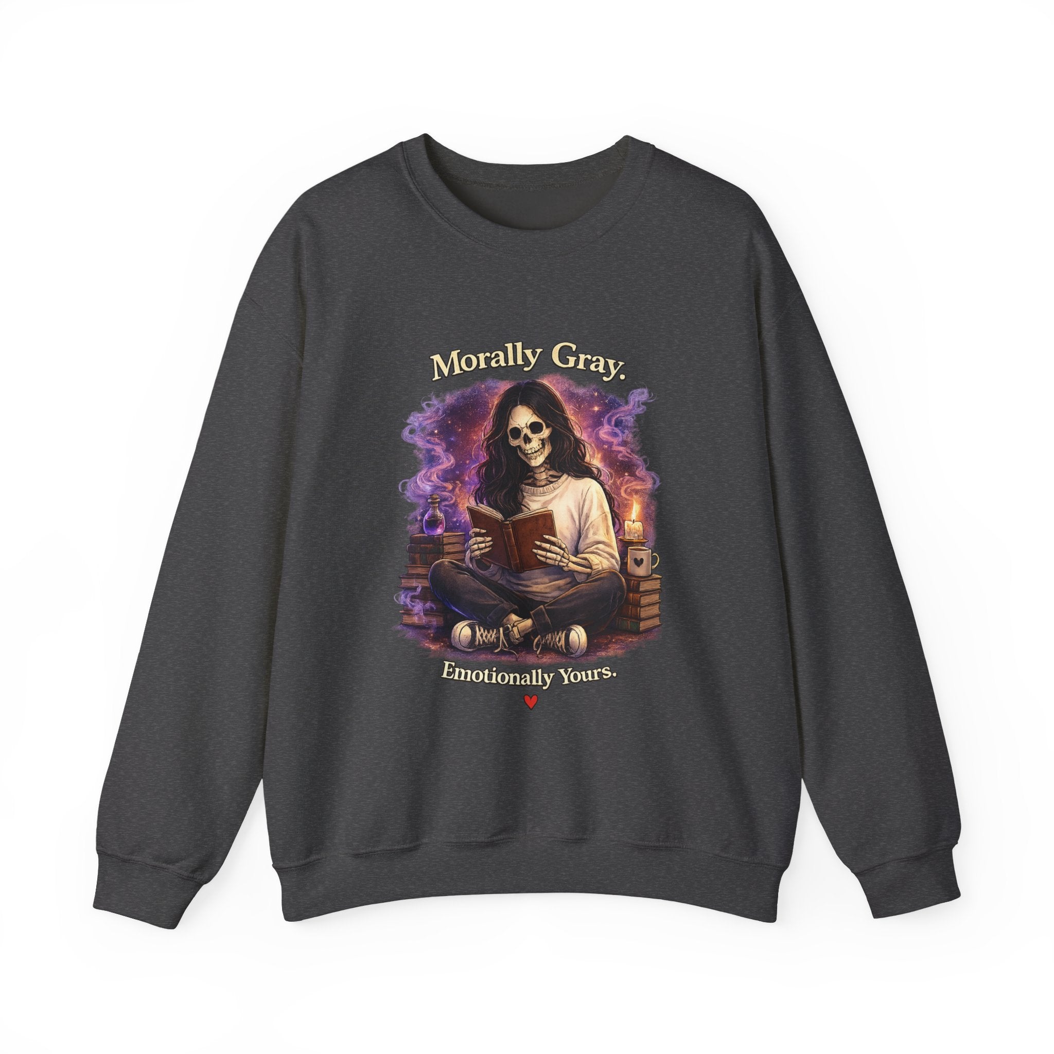 Skull Reader Sweatshirt — 'Morally Grey, Academically Blessed' Gothic Crewneck