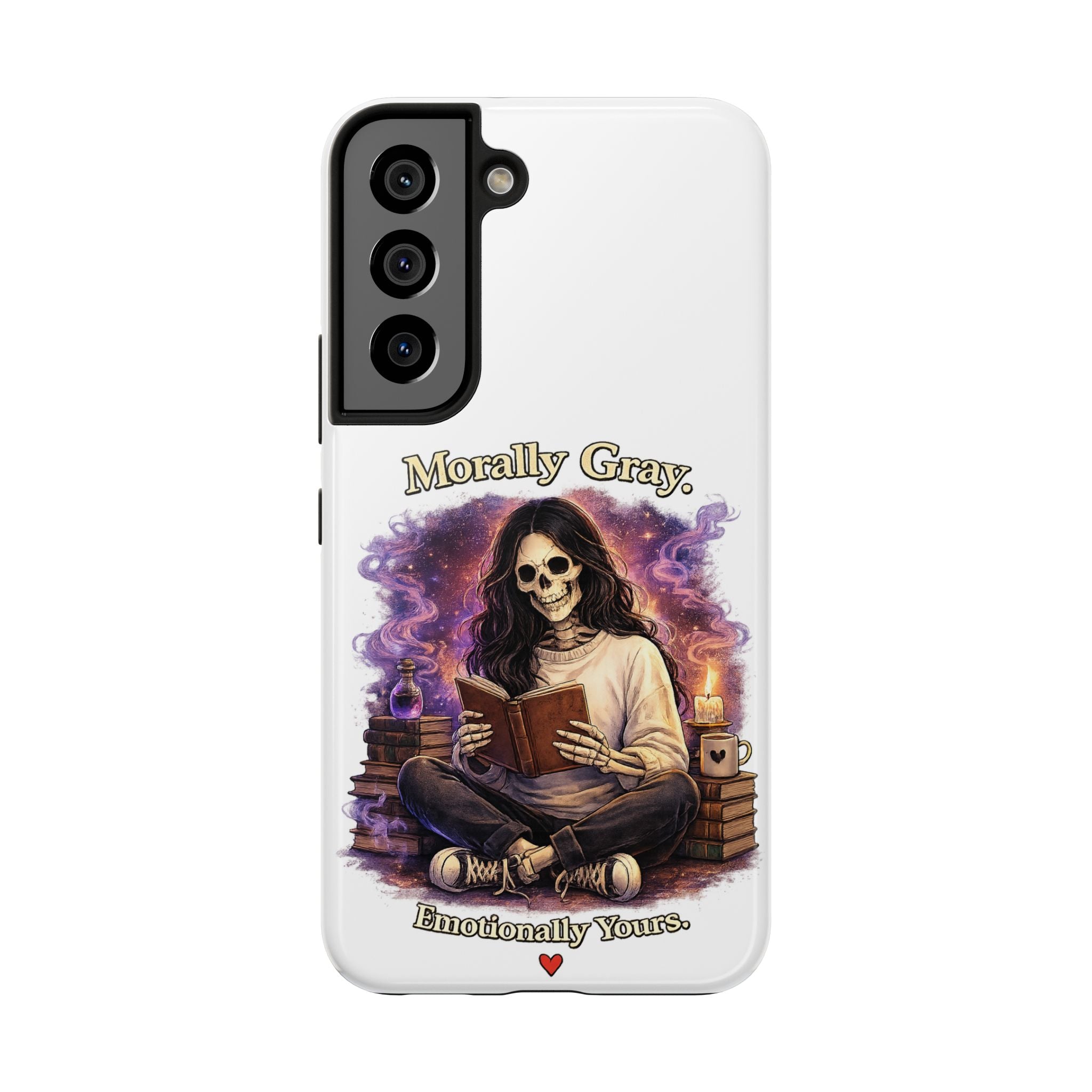 Morally Gray, Emotionally Yours Phone Case — Gothic Skeleton Booklover Protective Case