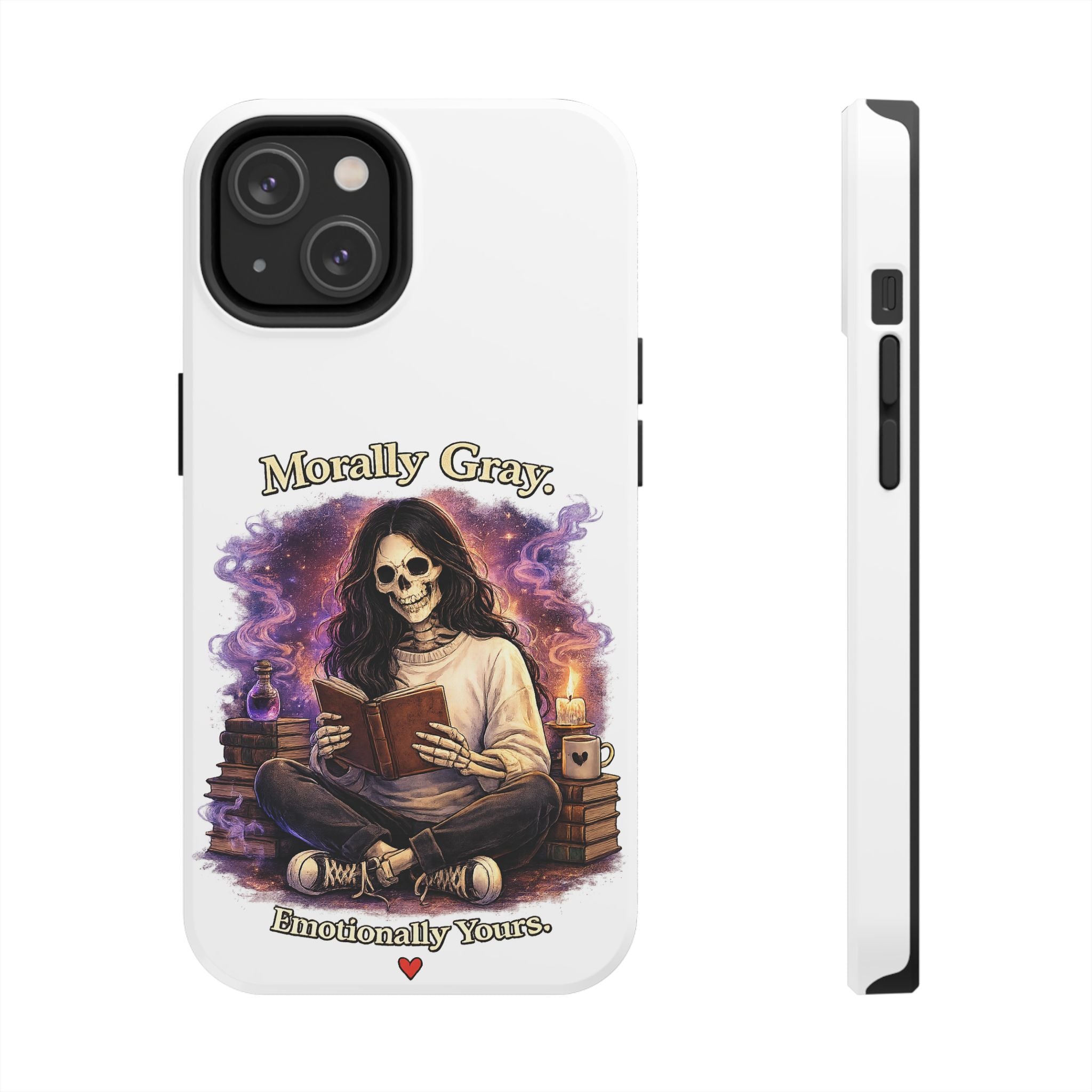 Morally Gray, Emotionally Yours Phone Case — Gothic Skeleton Booklover Protective Case