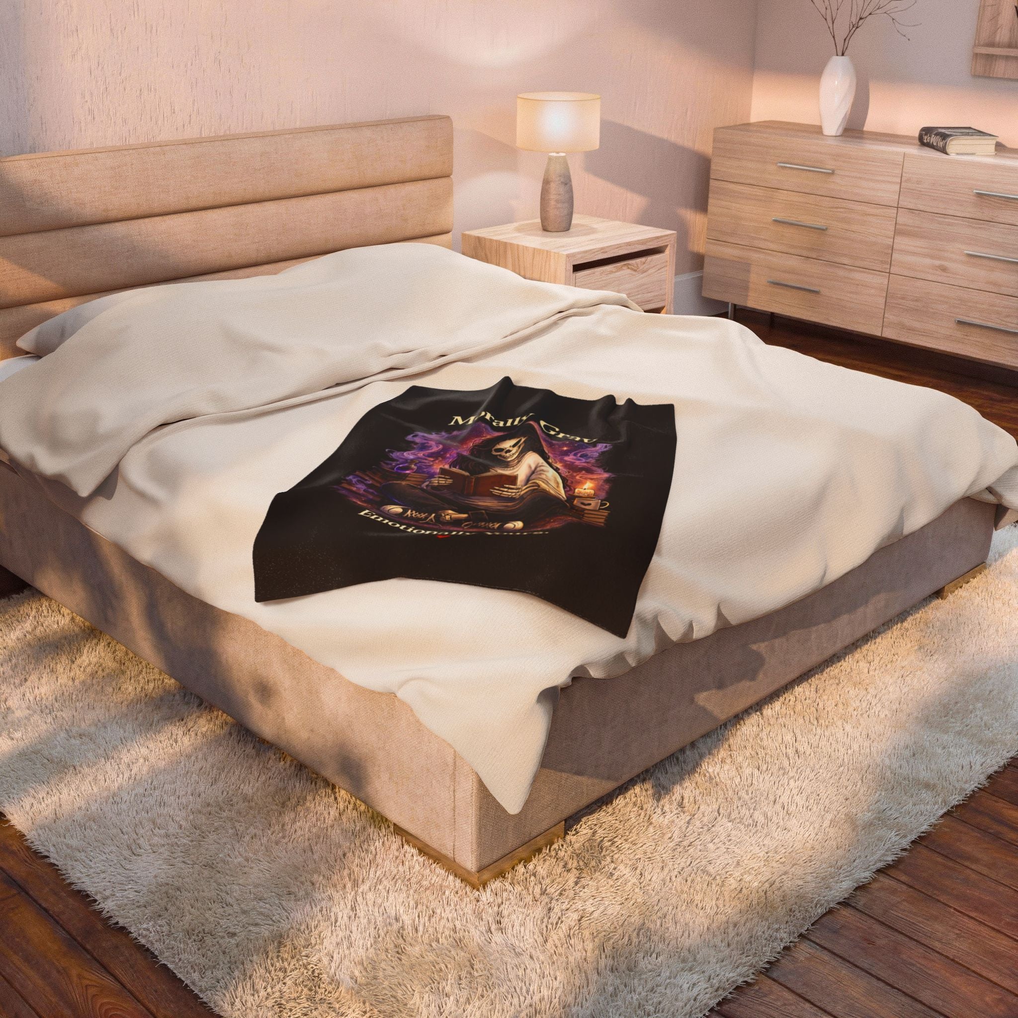“Morally Gray, Emotionally Yours” Plush Blanket – Gothic Skeleton Reading Velveteen Throw