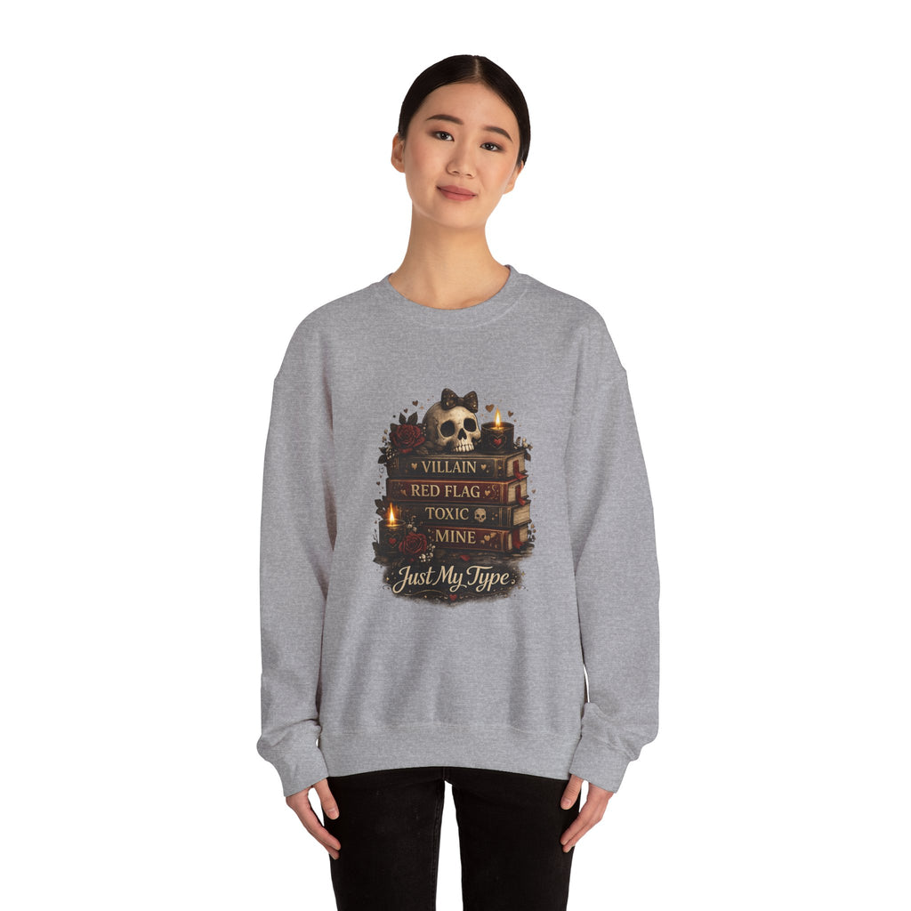 Crewneck Sweatshirt - "Just My Type" Stacked Books & Skull Gothic Design