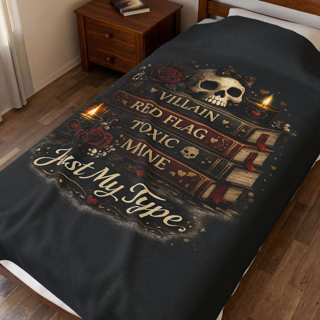 Velveteen Plush Blanket — 'Just My Type' Gothic Skull & Book Stack Cozy Throw
