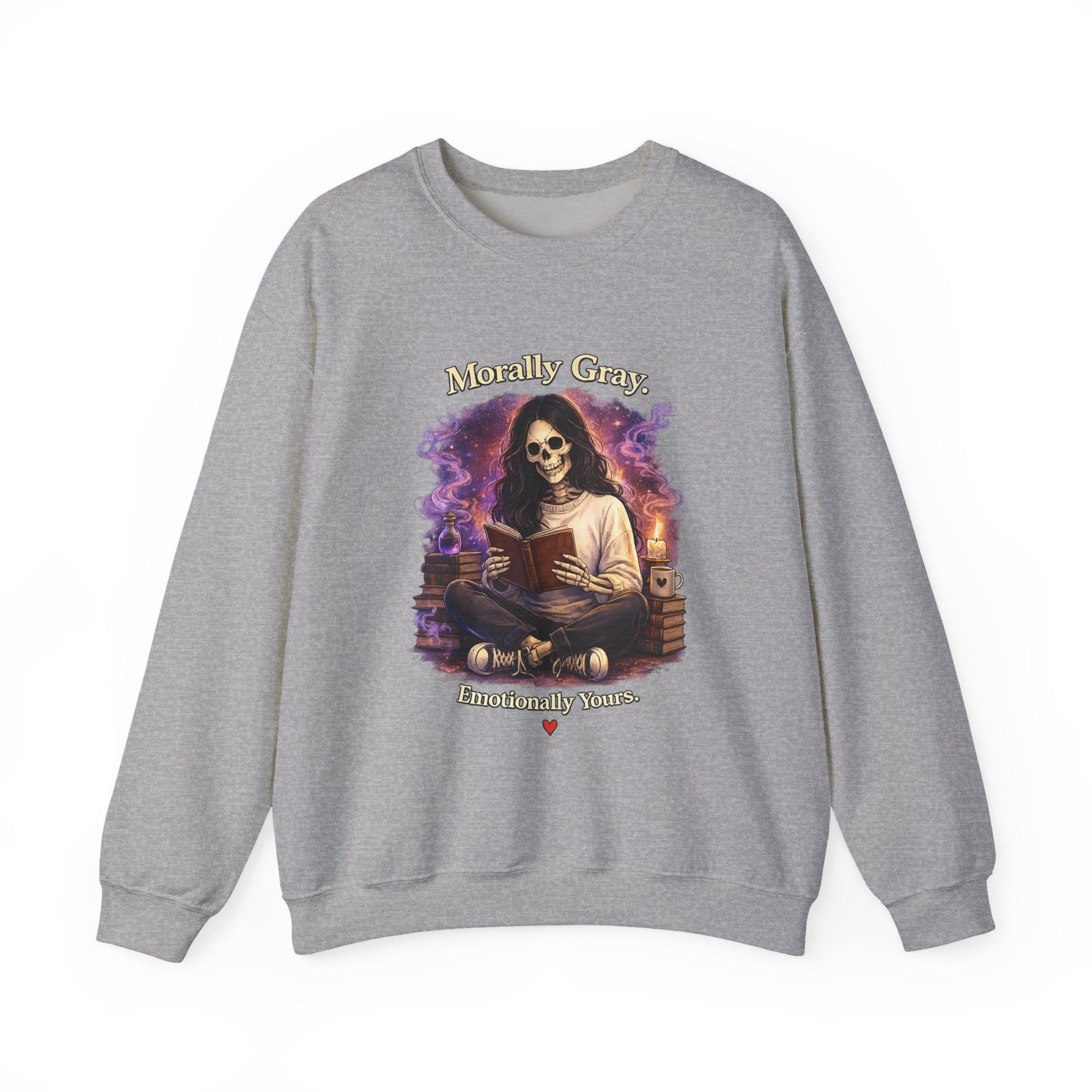 Skull Reader Sweatshirt — 'Morally Grey, Academically Blessed' Gothic Crewneck