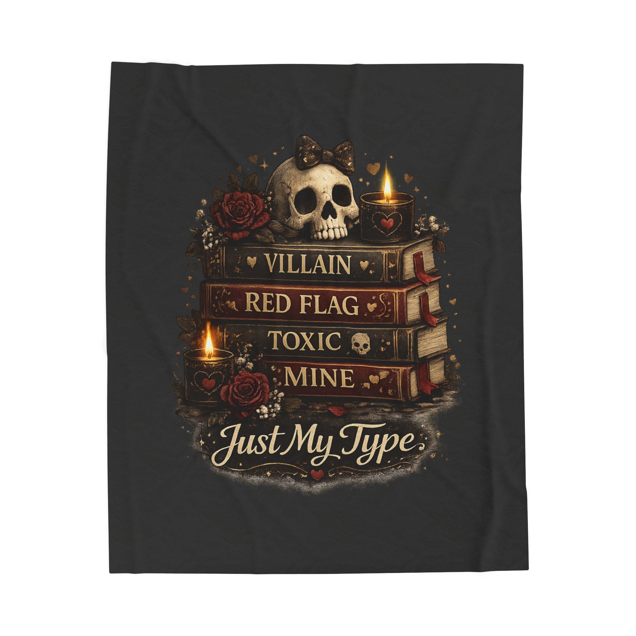 Velveteen Plush Blanket — 'Just My Type' Gothic Skull & Book Stack Cozy Throw